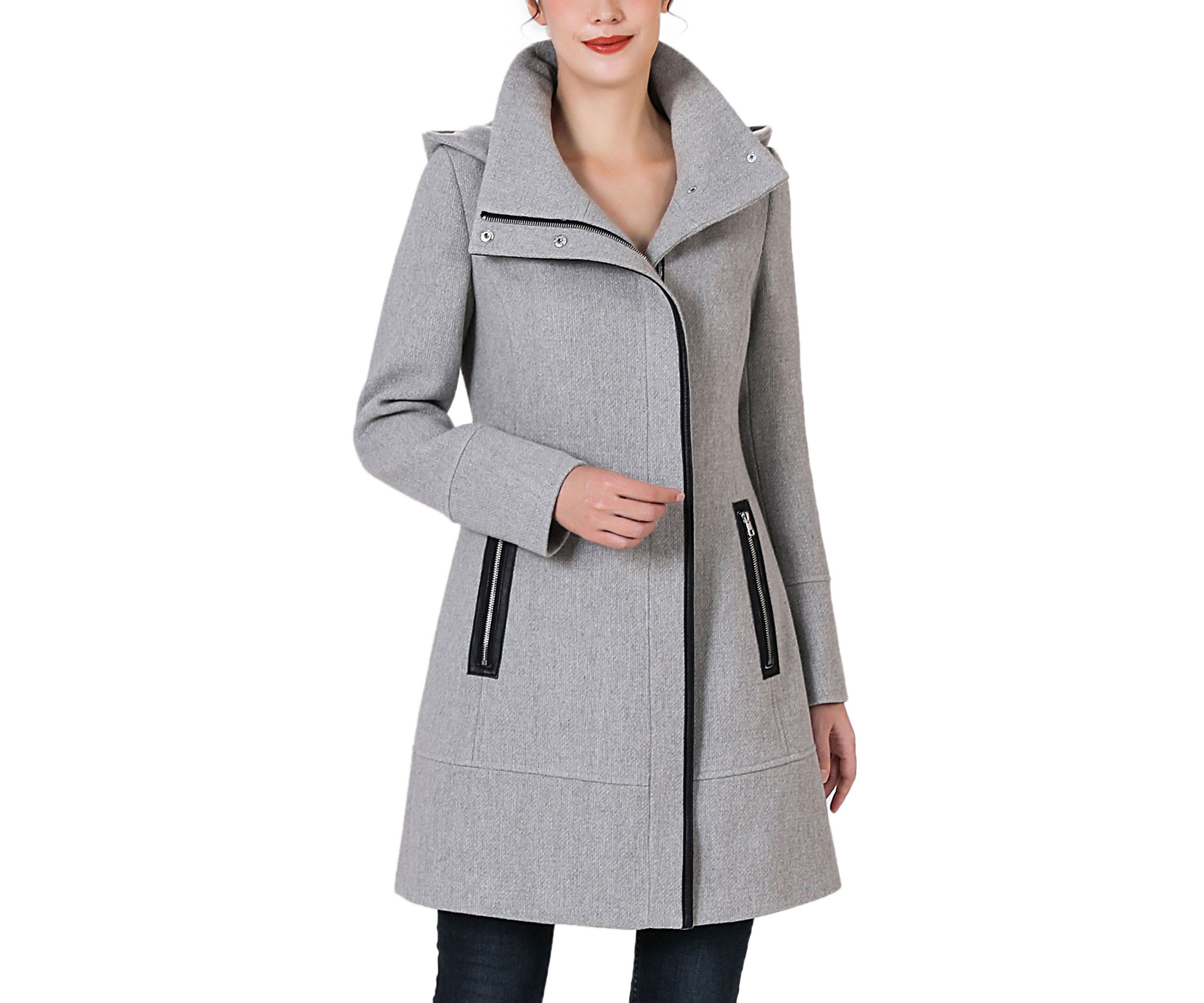 Leah Aymmetrical Hooded Zipper Boucle Wool Coat