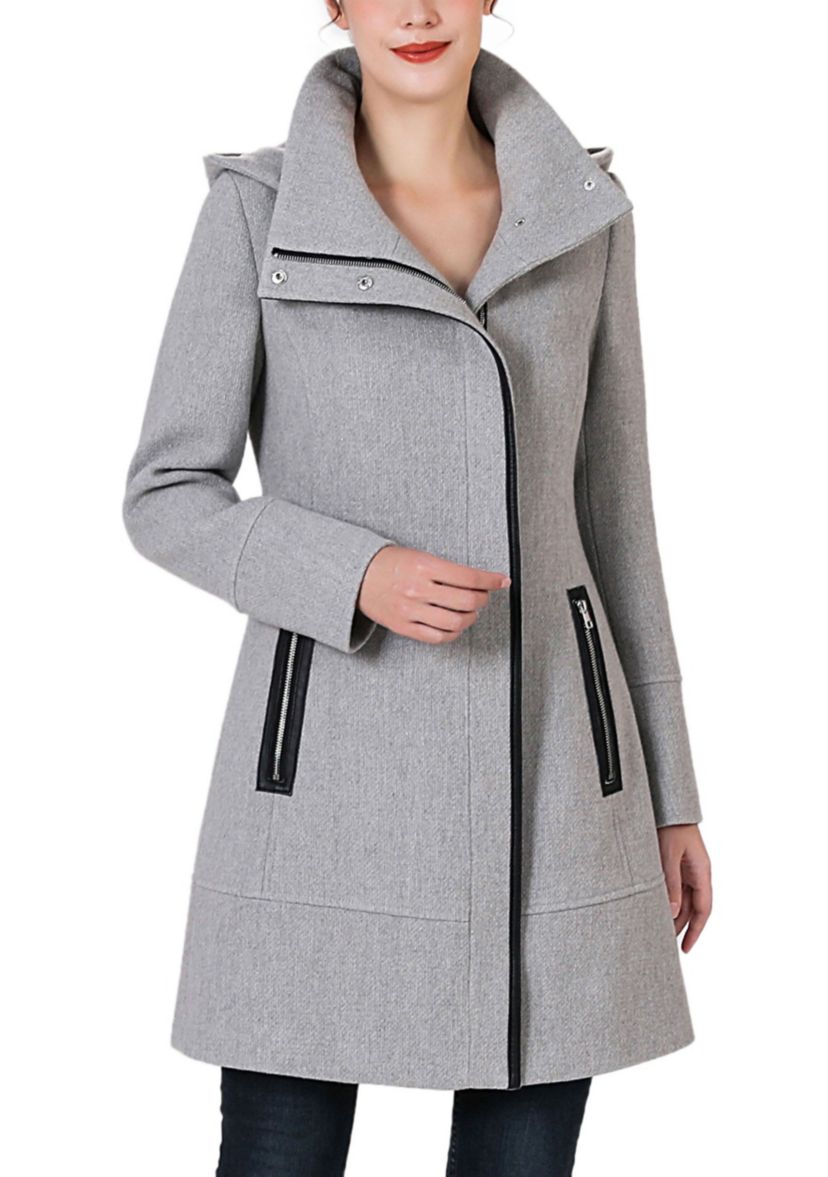 Leah Aymmetrical Hooded Zipper Boucle Wool Coat