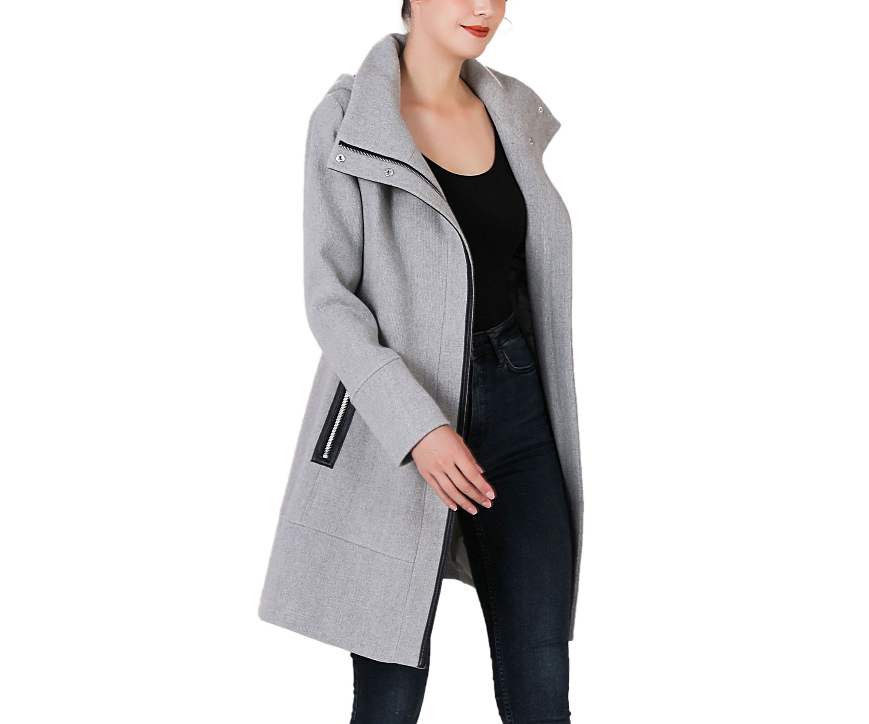 Leah Aymmetrical Hooded Zipper Boucle Wool Coat