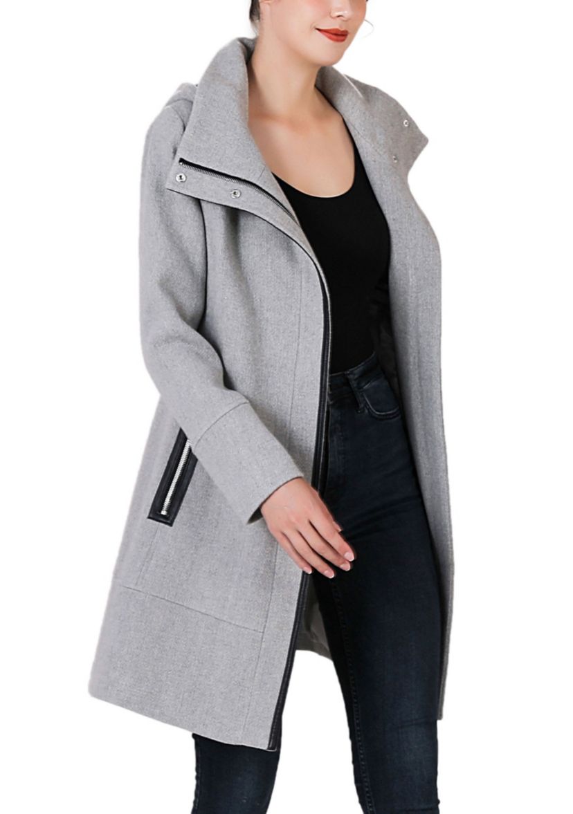 Leah Aymmetrical Hooded Zipper Boucle Wool Coat