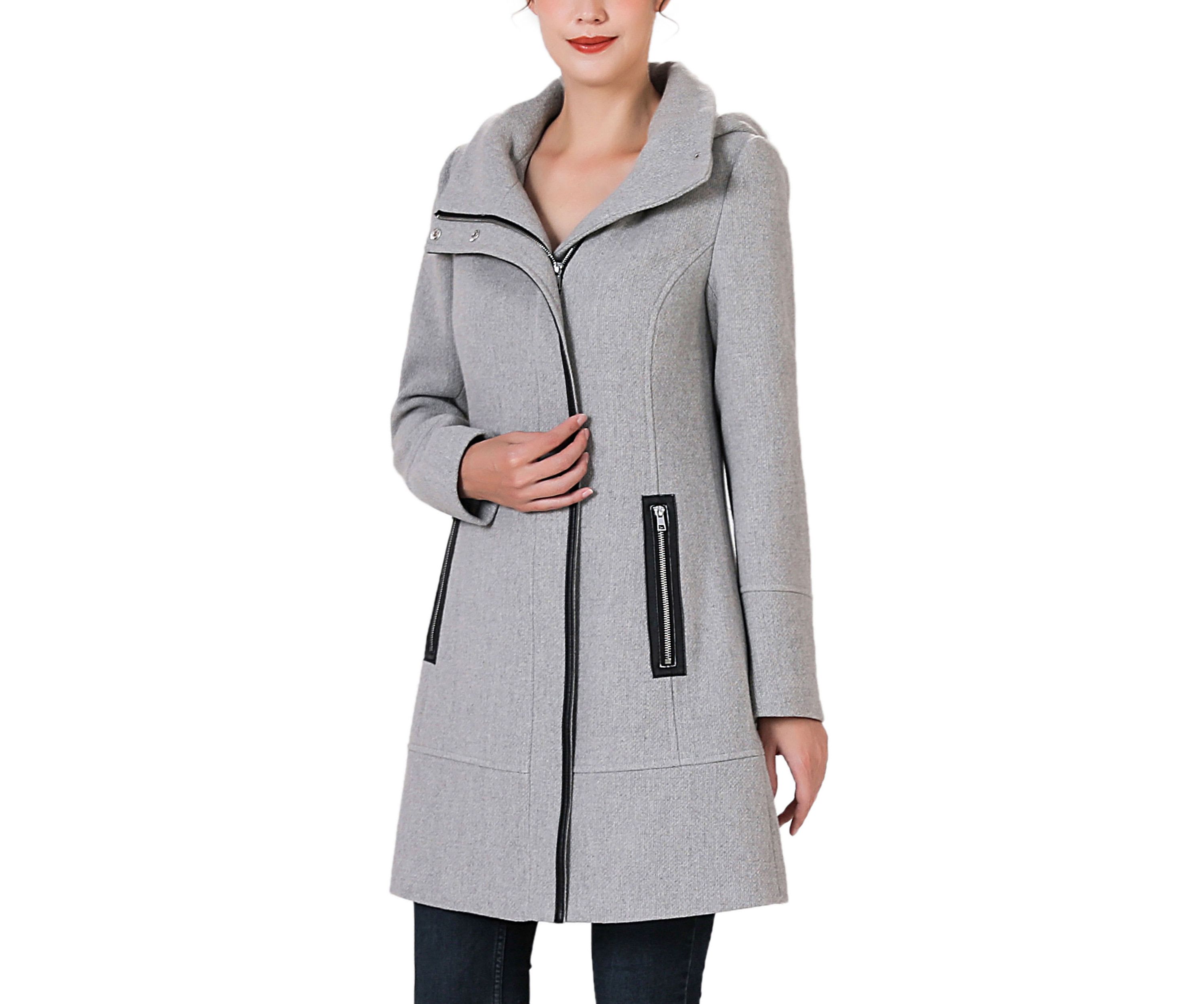 Leah Aymmetrical Hooded Zipper Boucle Wool Coat