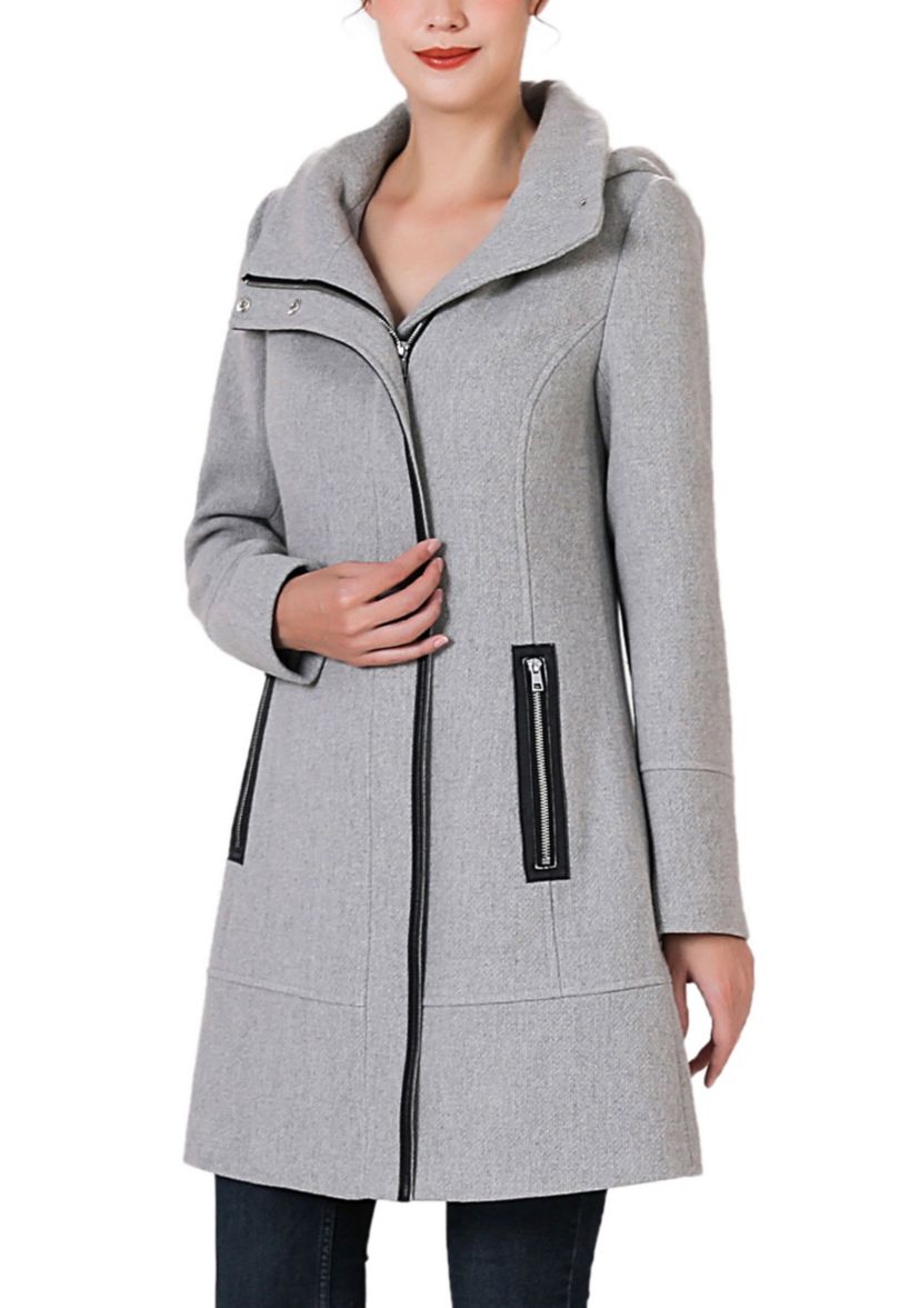 Leah Aymmetrical Hooded Zipper Boucle Wool Coat