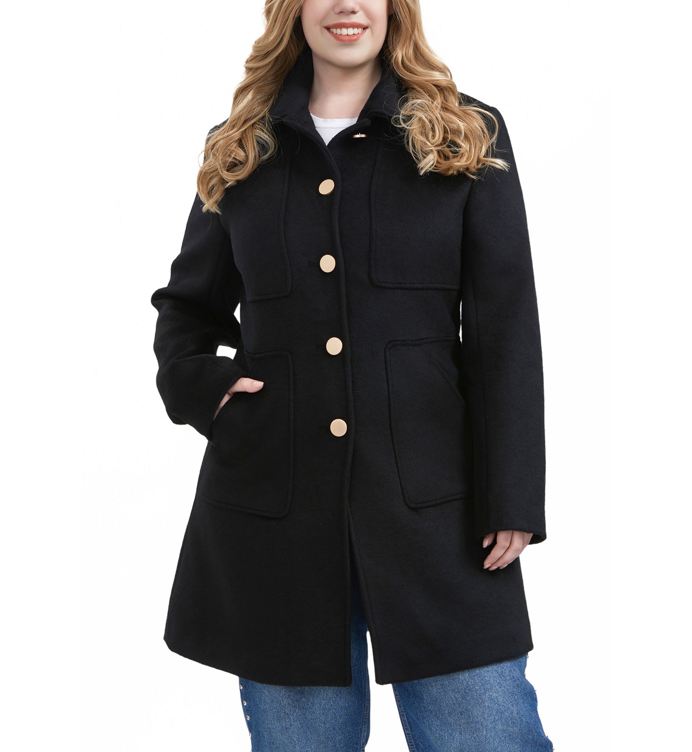 Plus Size Button Front Wool Blend Walking Coat