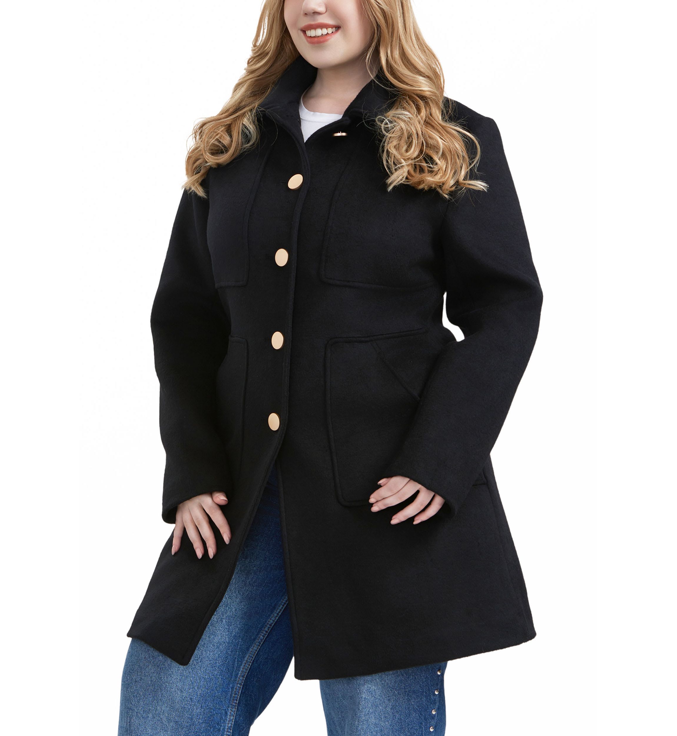 Plus Size Button Front Wool Blend Walking Coat