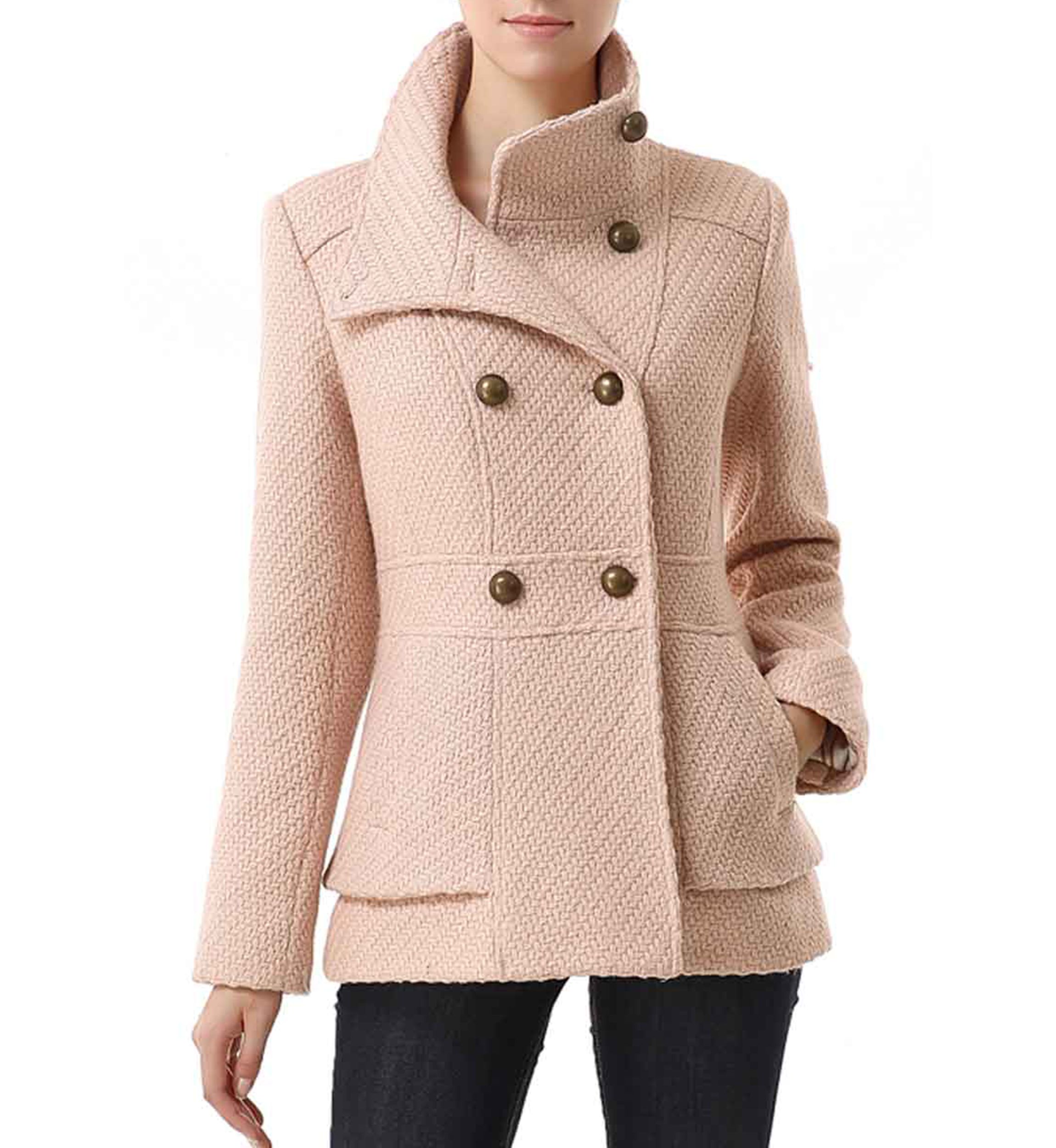 Womens Wool Blend Boucle Pea Coat