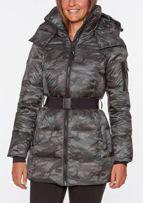 Womens Camo Belted Puffer Jacket