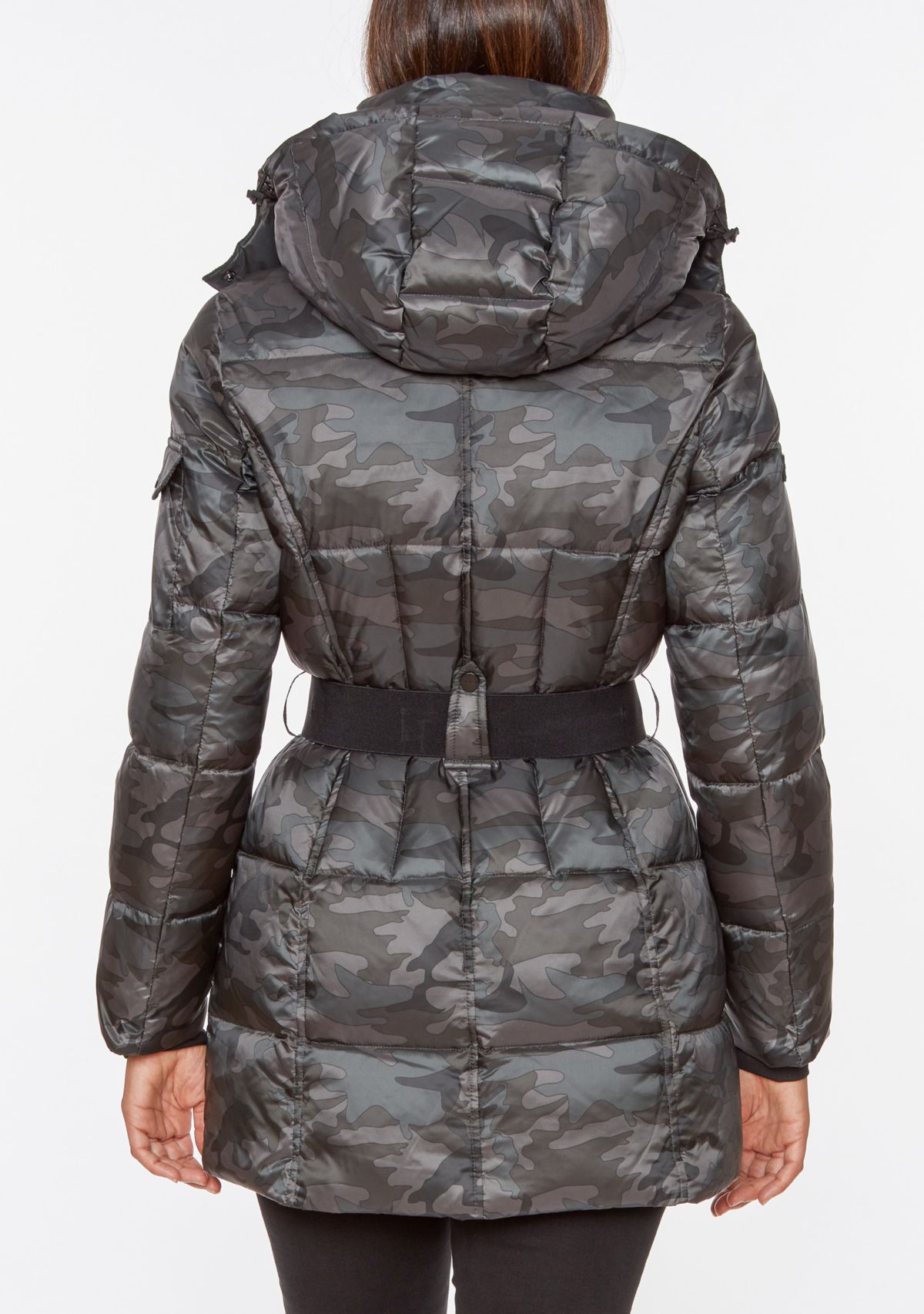 Womens Camo Belted Puffer Jacket