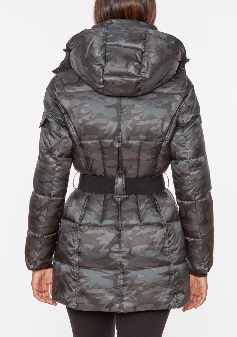 Womens Camo Belted Puffer Jacket