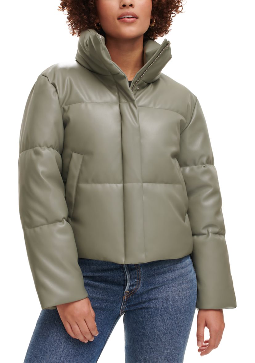 Faux Leather Quilted Puffer Jacket