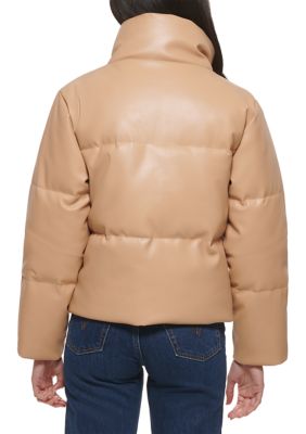 Faux Leather Quilted Puffer Jacket