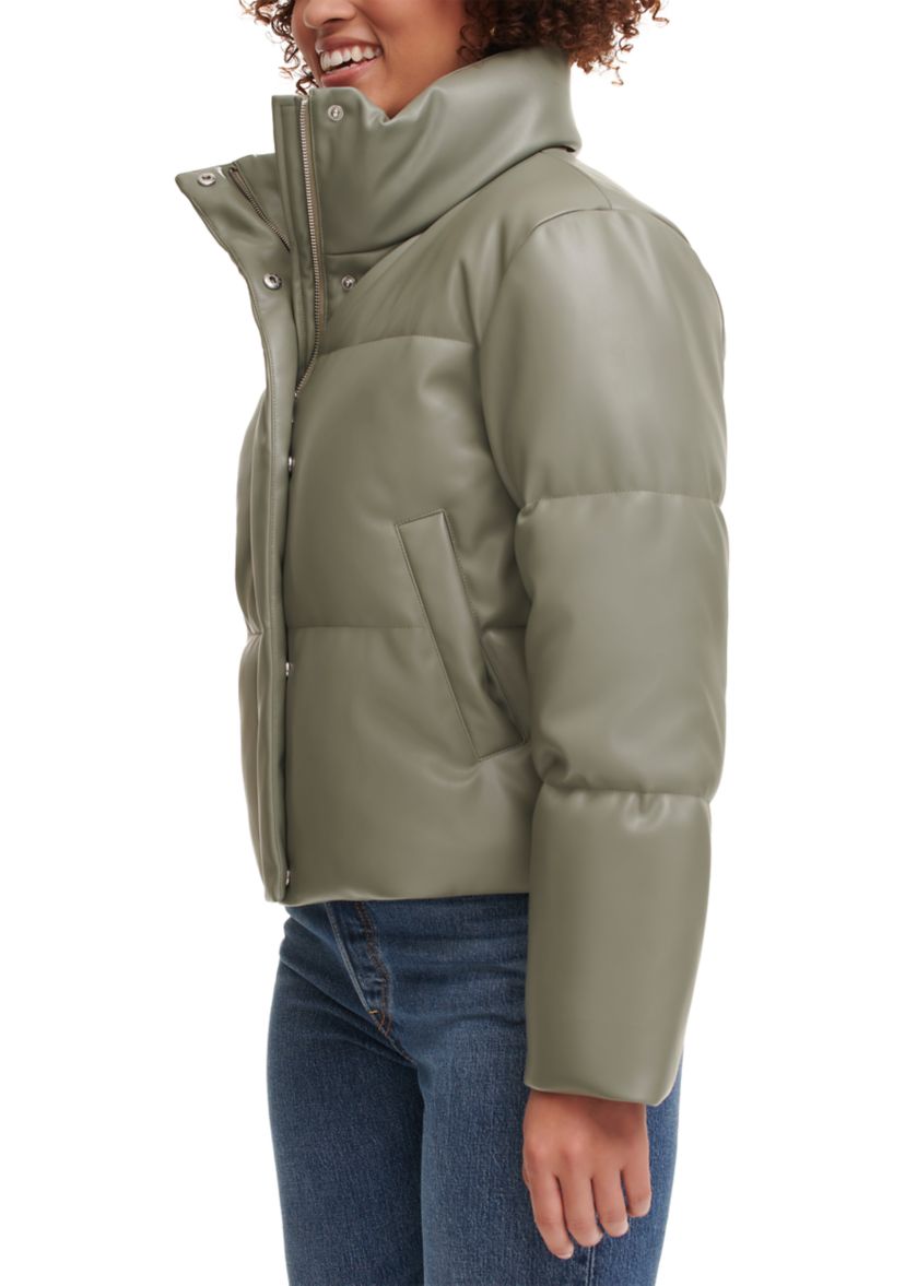 Faux Leather Quilted Puffer Jacket