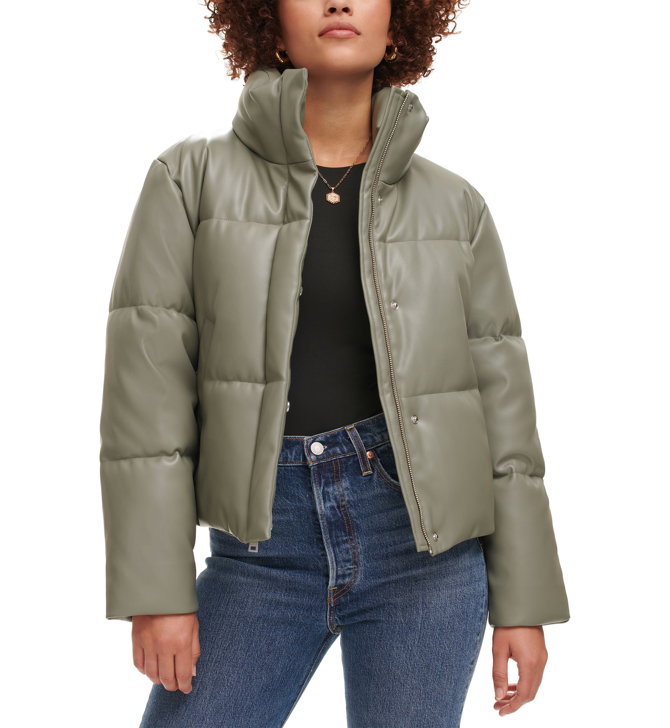 Faux Leather Quilted Puffer Jacket