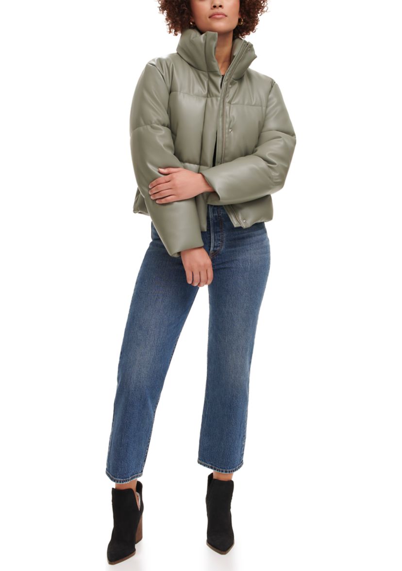 Faux Leather Quilted Puffer Jacket