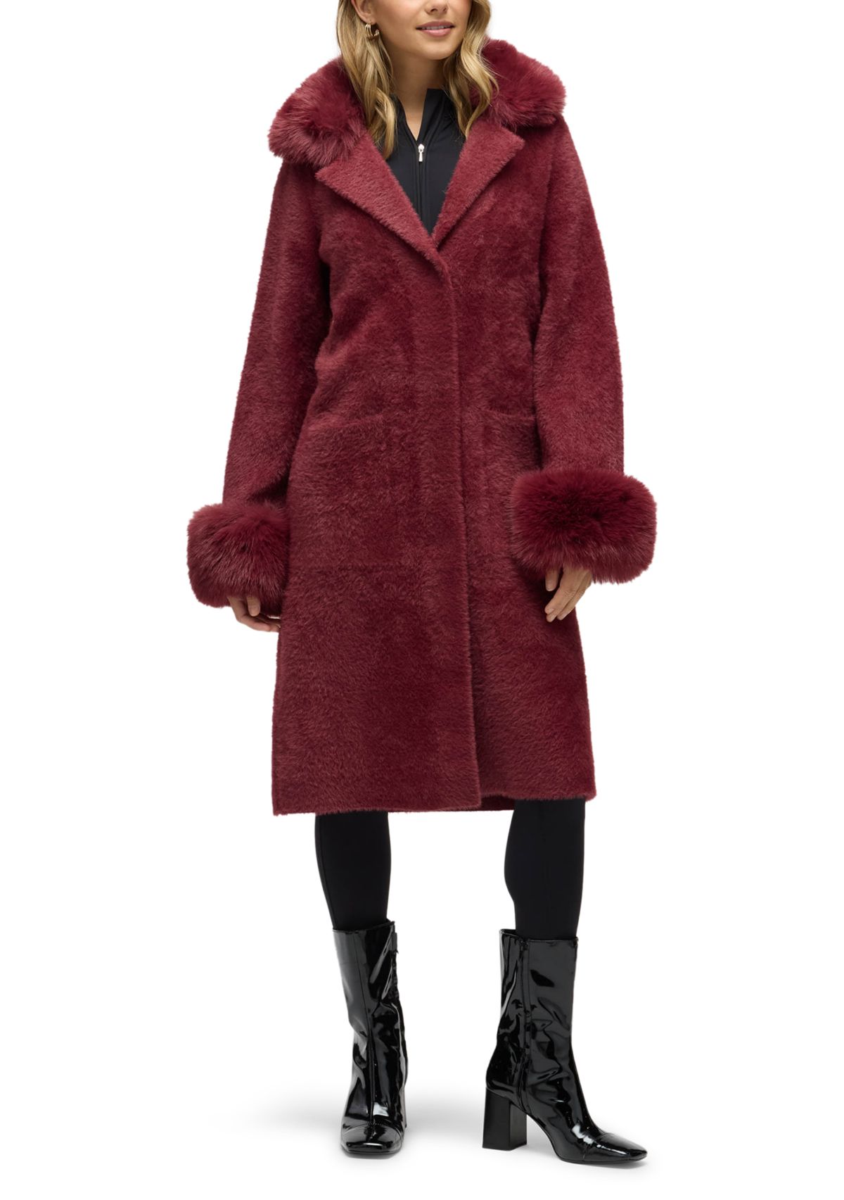 Women’s Longline Elegant Coatigan with Detachable Fur Collar and Cuffs