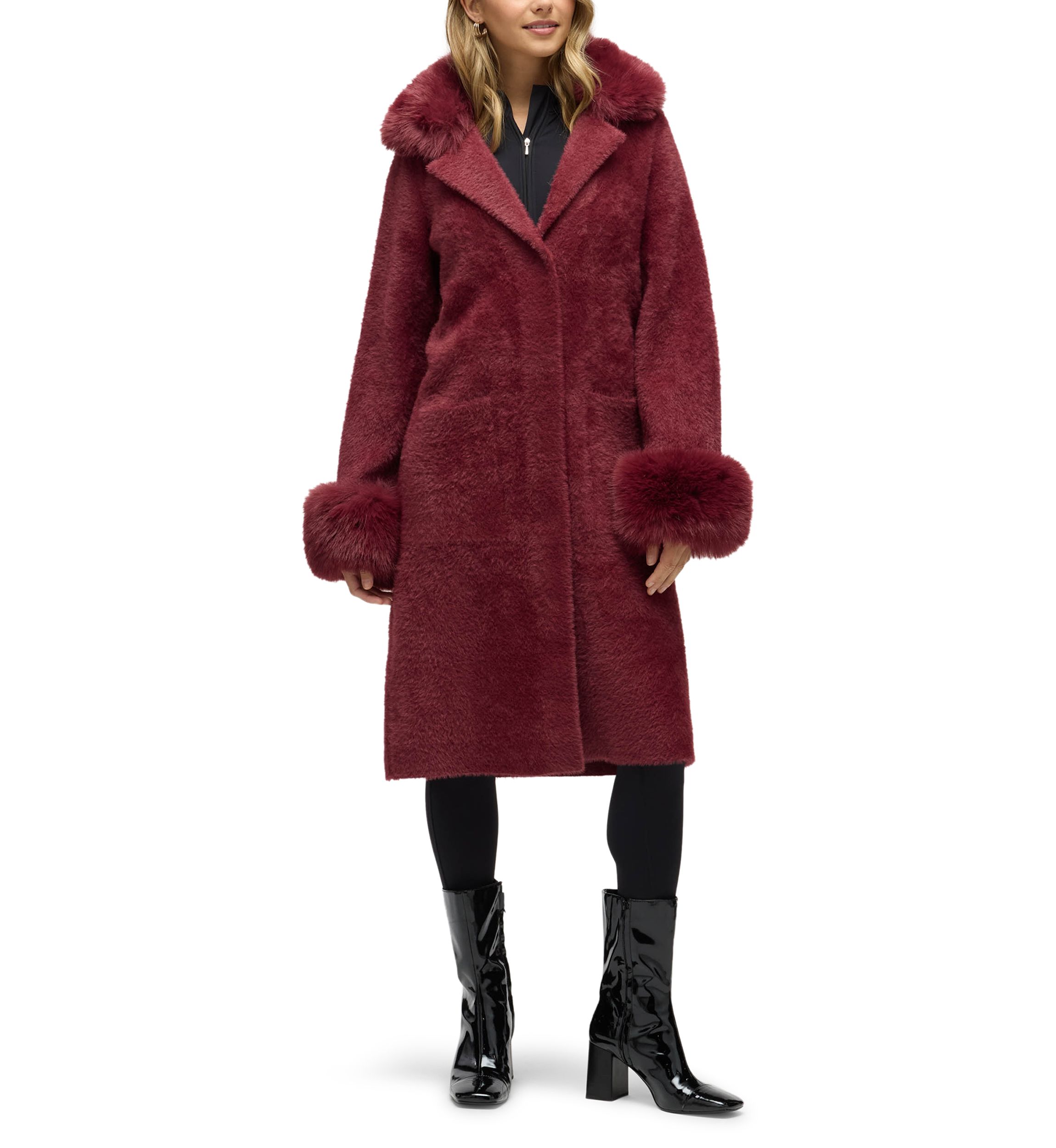 Women’s Longline Elegant Coatigan with Detachable Fur Collar and Cuffs