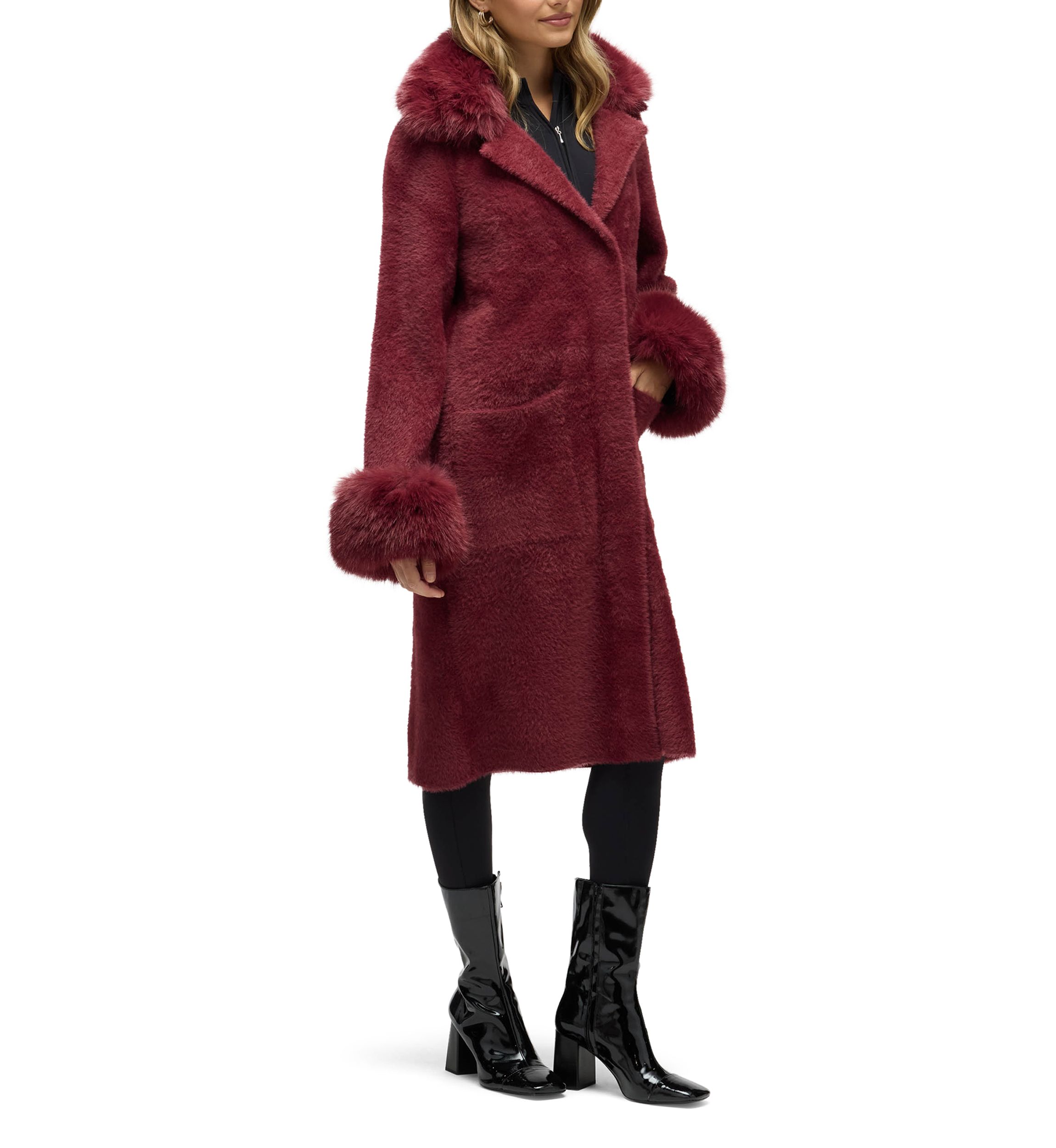 Women’s Longline Elegant Coatigan with Detachable Fur Collar and Cuffs