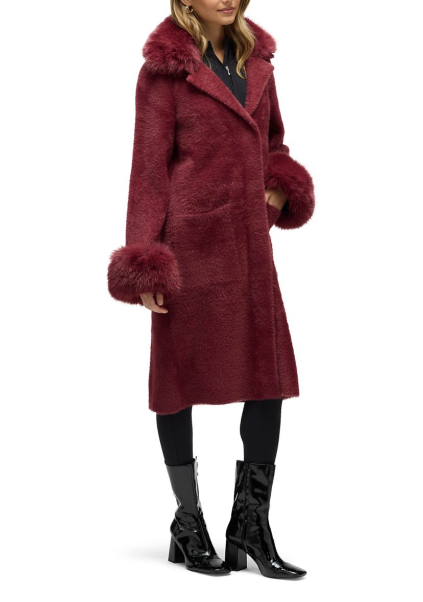 Women’s Longline Elegant Coatigan with Detachable Fur Collar and Cuffs