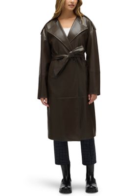 NVLT Womenâs Poet Lapel Belted Faux Leather Trench Coat, Medium