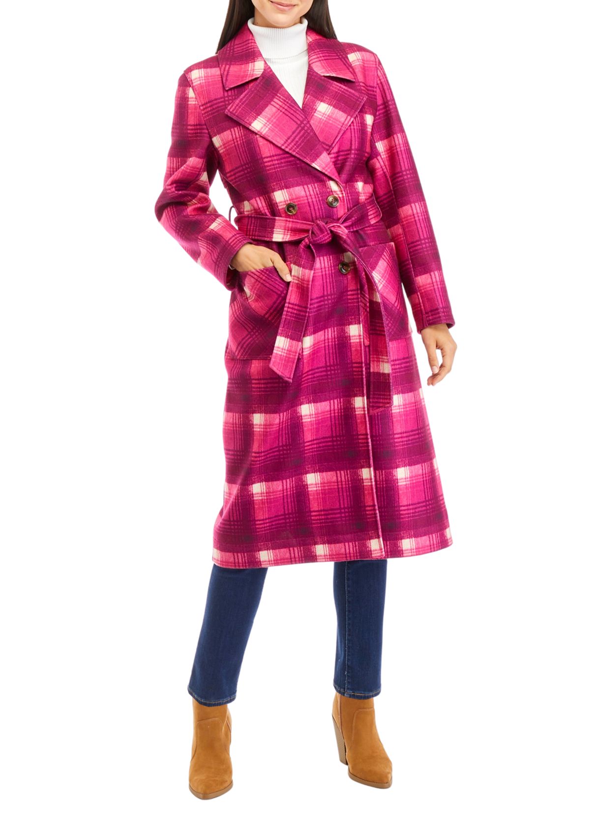 Womens Bold Plaid Trench Coat