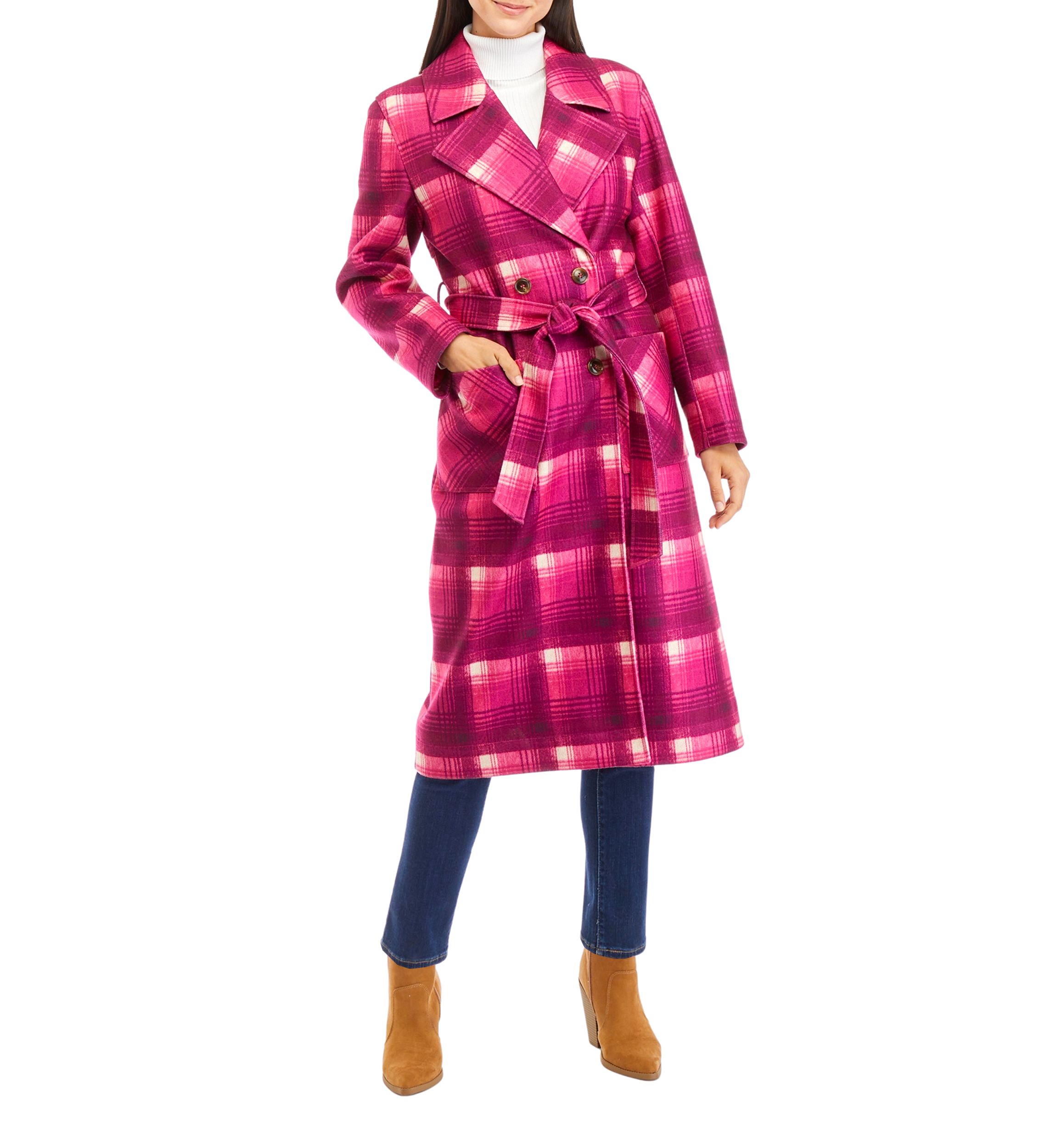 Womens Bold Plaid Trench Coat
