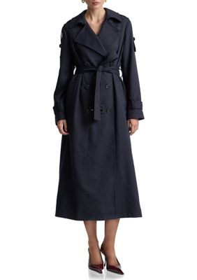 Avec Les Filles Women's Oversized Jacquard Belted Trench Coat, Navy Blue, XL