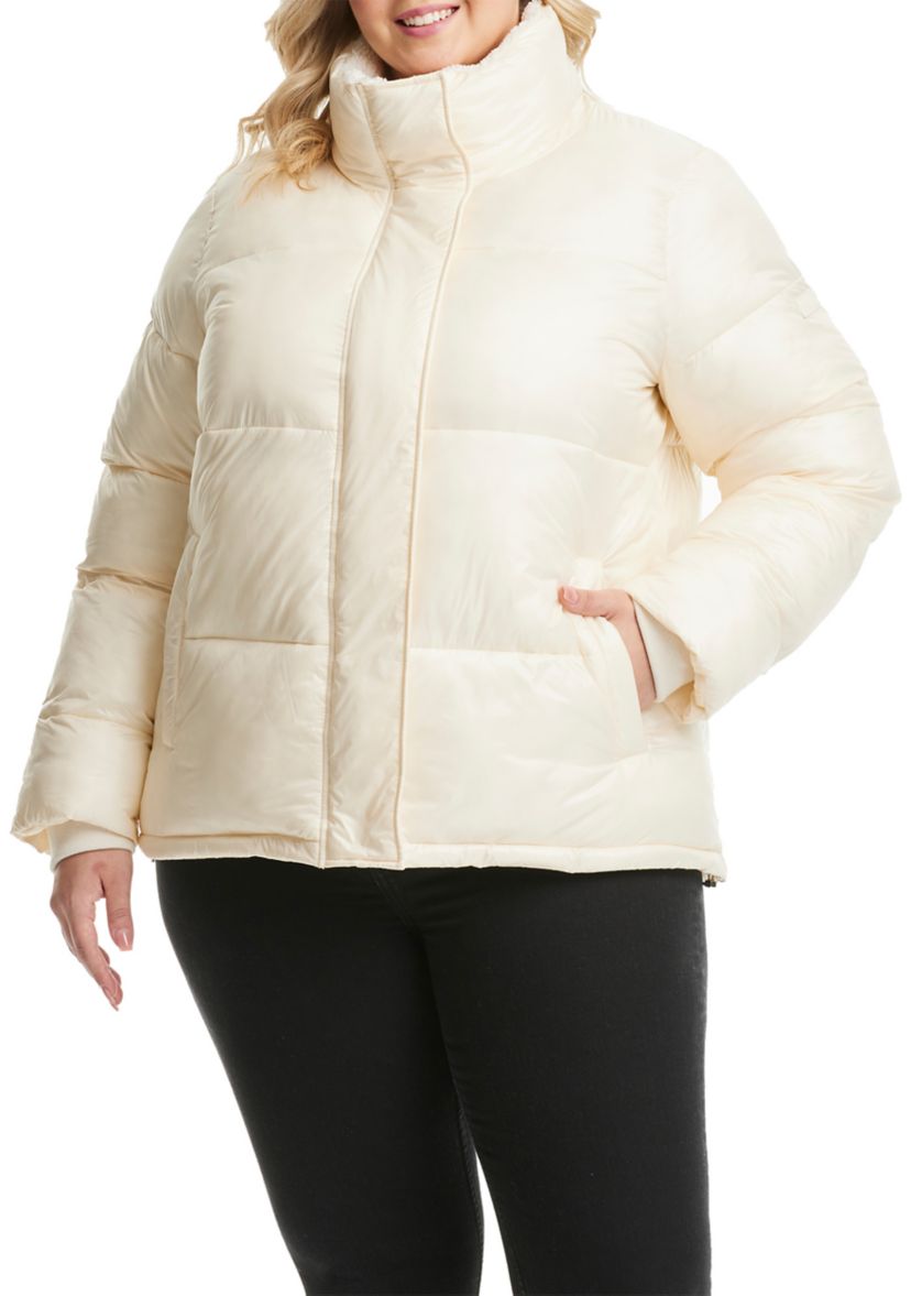 Plus Size Sherpa Collar Short Puffer Jacket