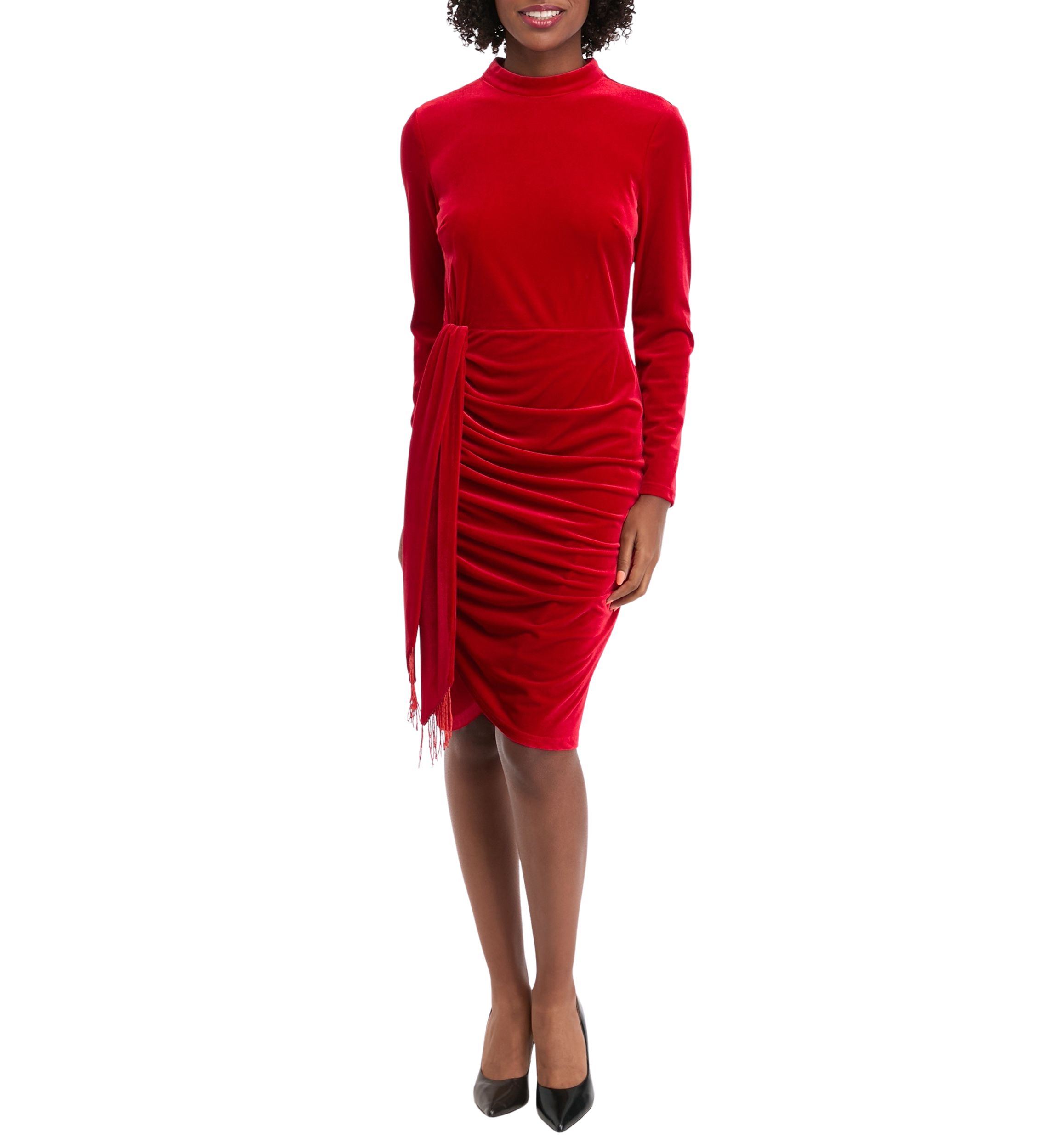Womens Long Sleeve Mock Neck Fringe Detail Sheath Dress