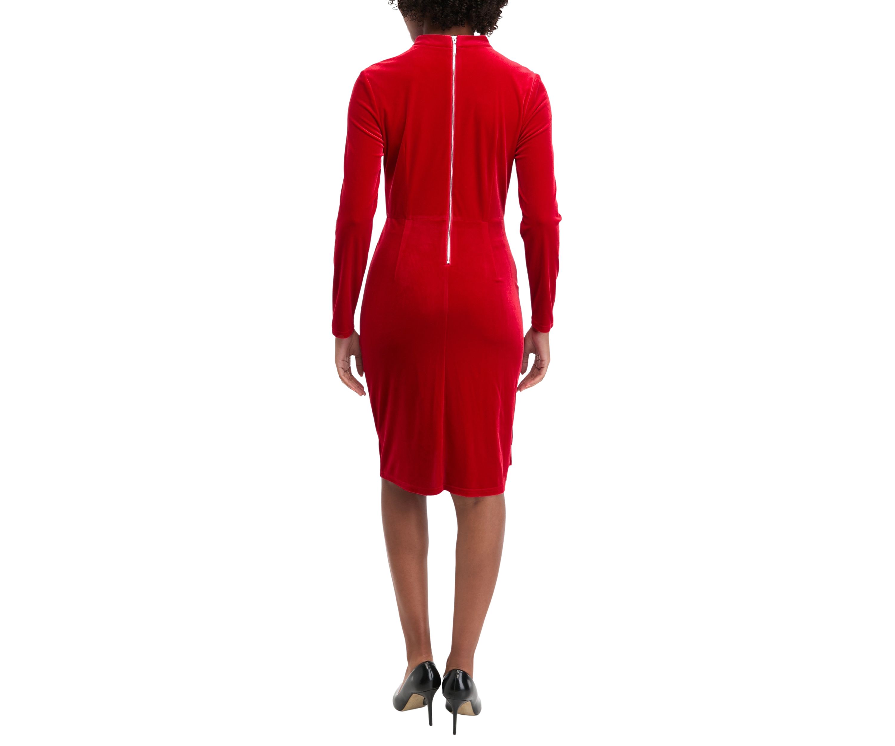 Womens Long Sleeve Mock Neck Fringe Detail Sheath Dress