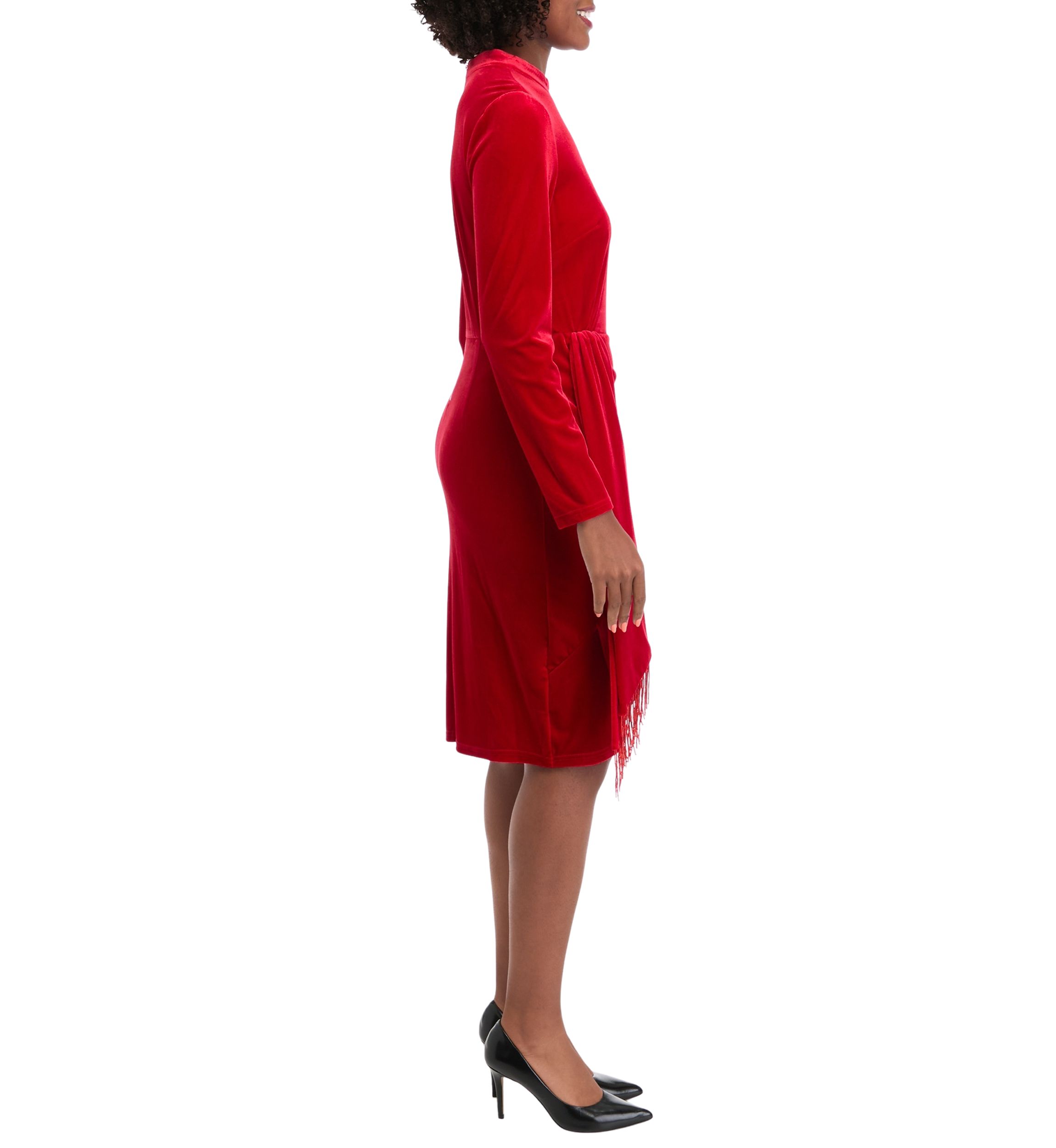 Womens Long Sleeve Mock Neck Fringe Detail Sheath Dress