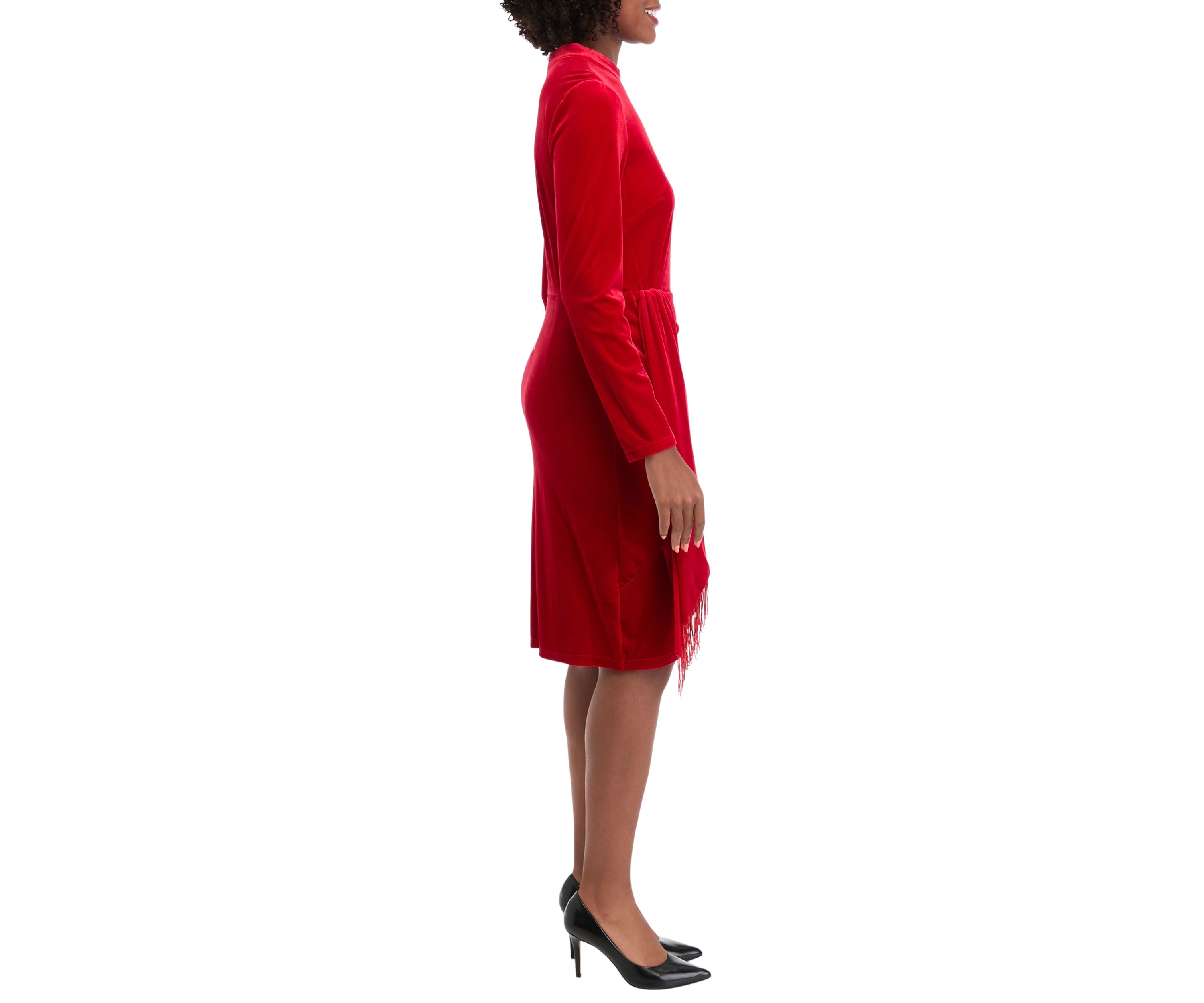Womens Long Sleeve Mock Neck Fringe Detail Sheath Dress