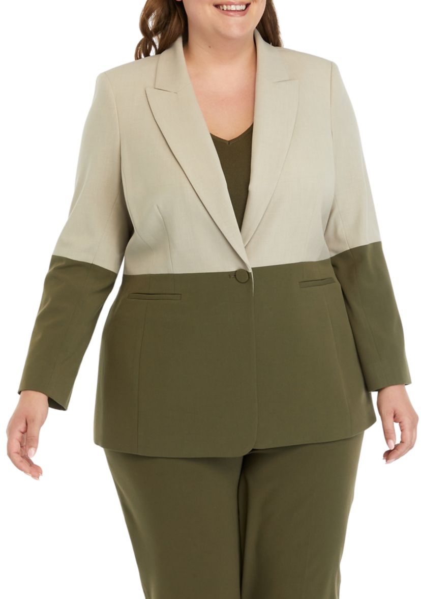 Plus Size Color Block Single Button Jacket