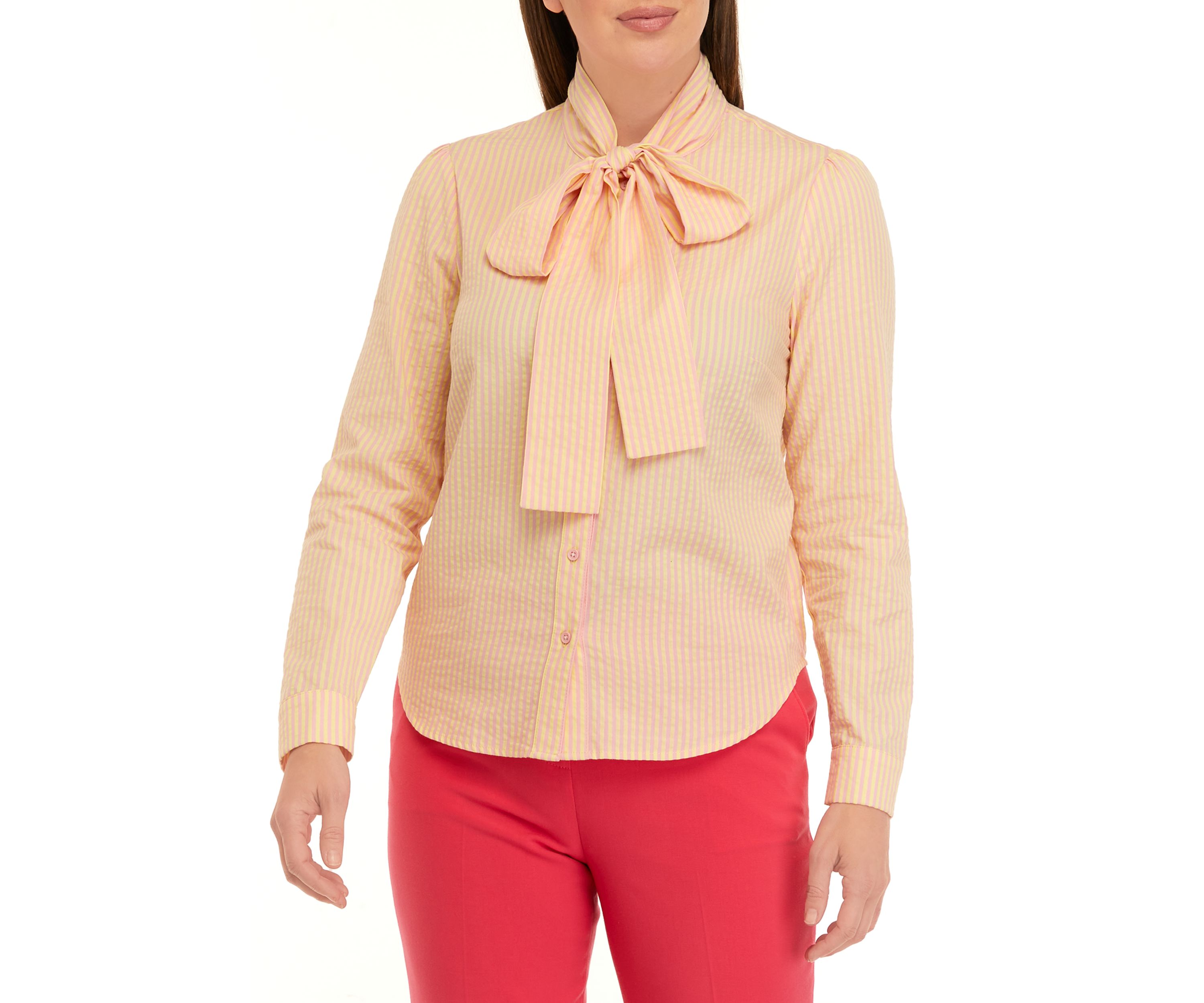 Womens Long Sleeve Stripe Bow Neck Blouse