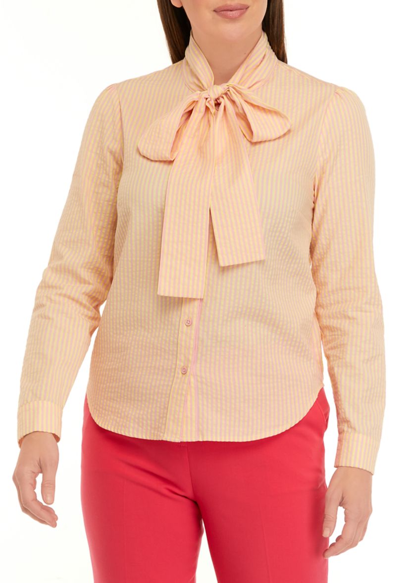 Womens Long Sleeve Stripe Bow Neck Blouse