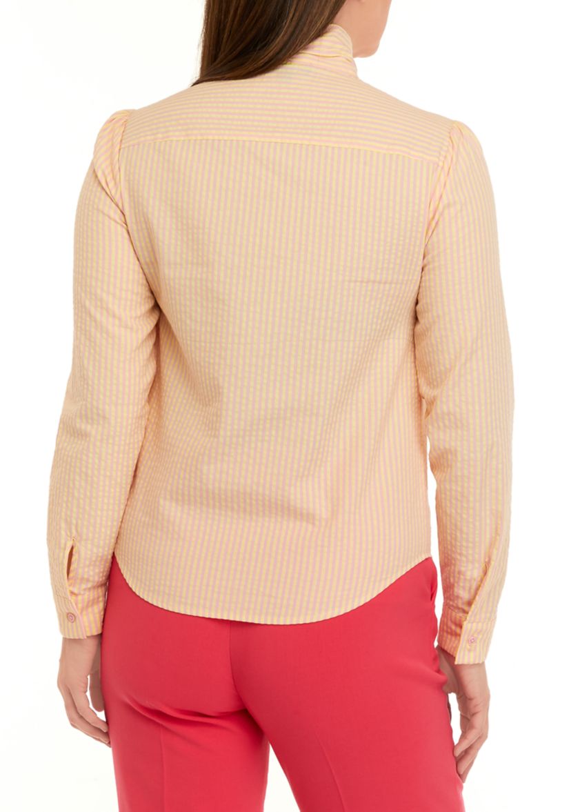 Womens Long Sleeve Stripe Bow Neck Blouse