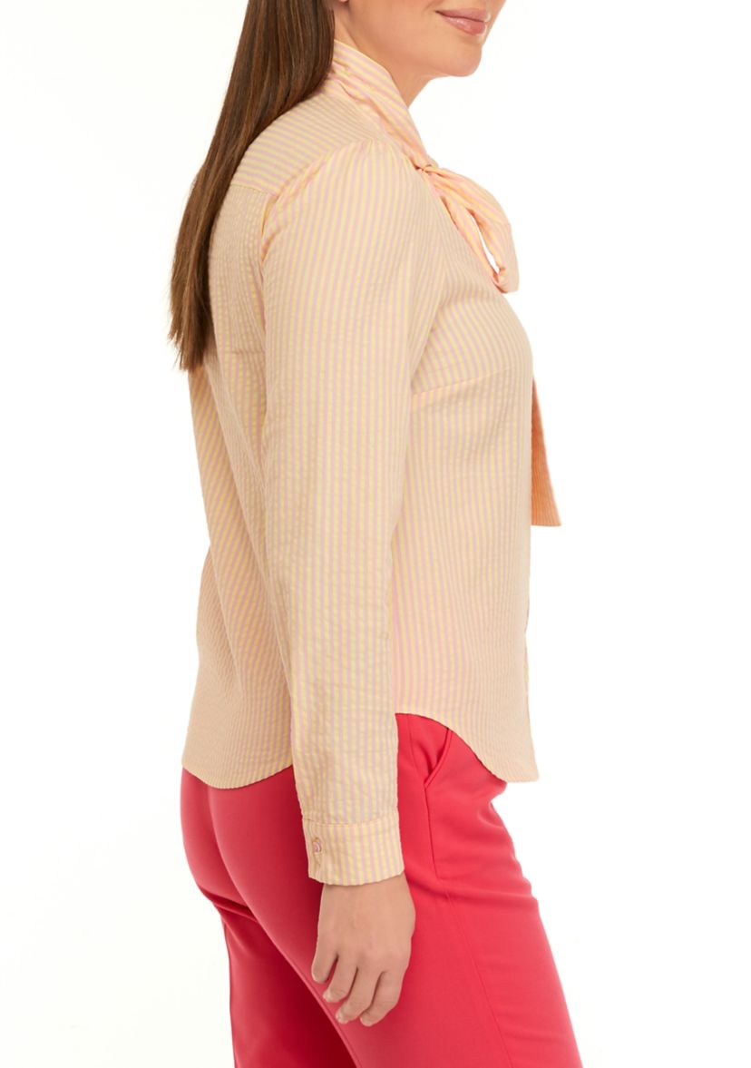 Womens Long Sleeve Stripe Bow Neck Blouse