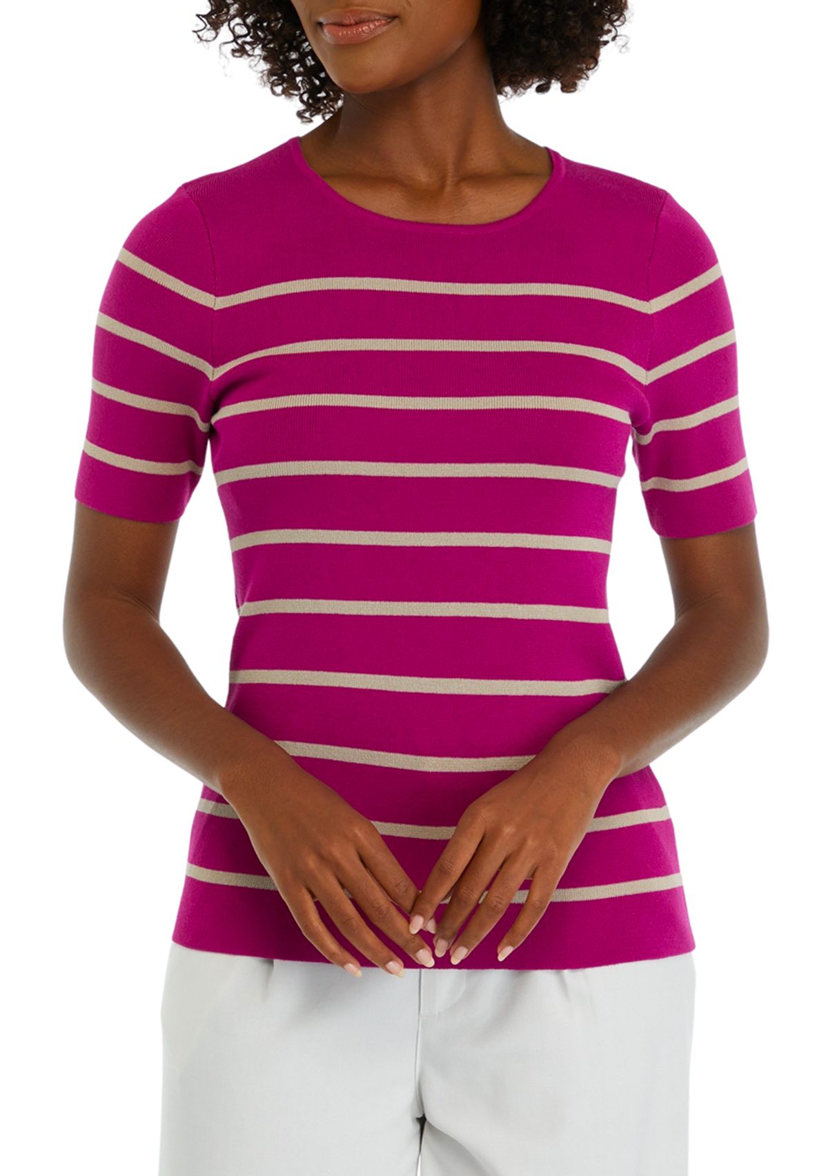 Womens Striped Short Sleeve Sweater