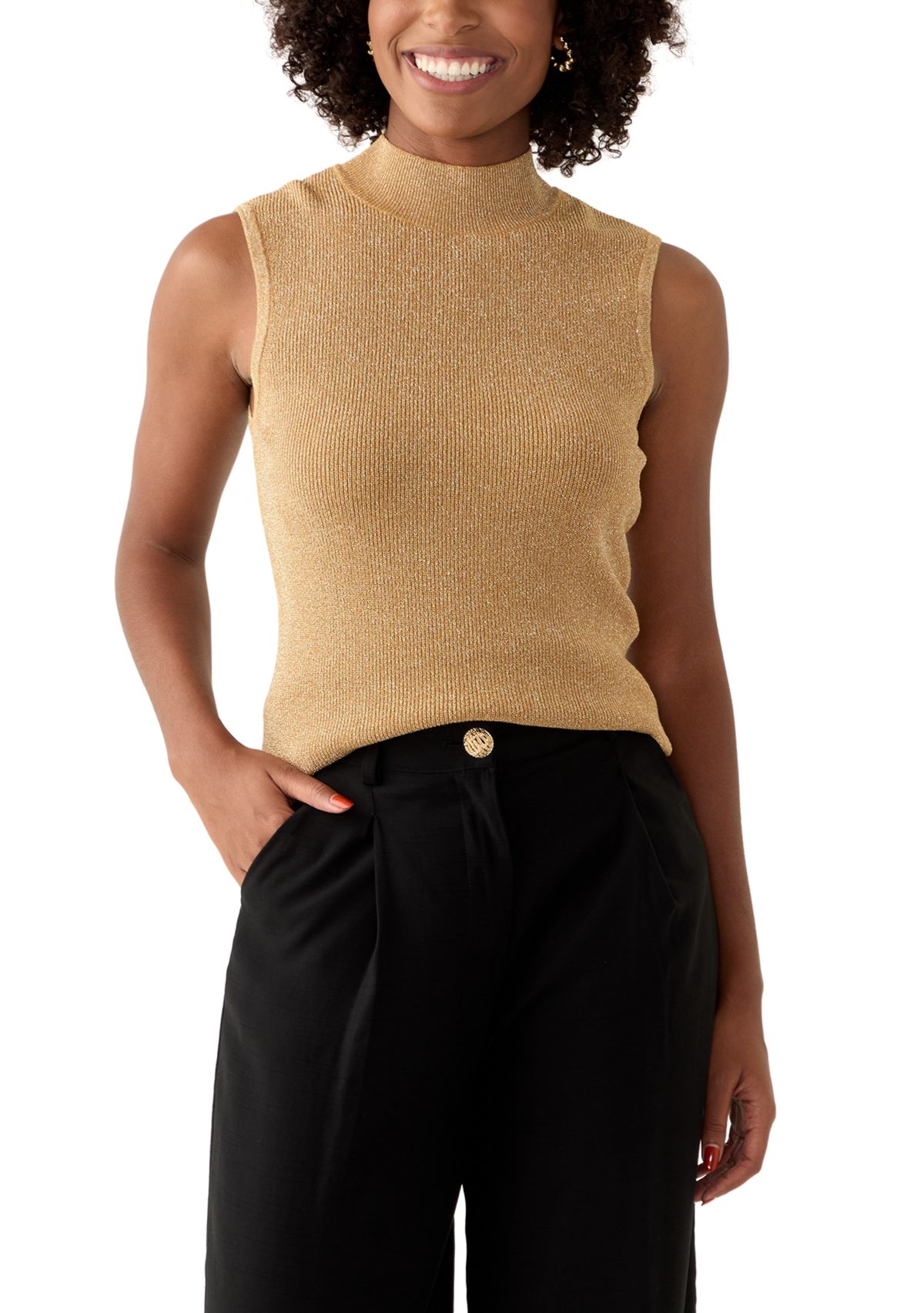 Womens Sleeveless Metallic Mock Neck Sweater