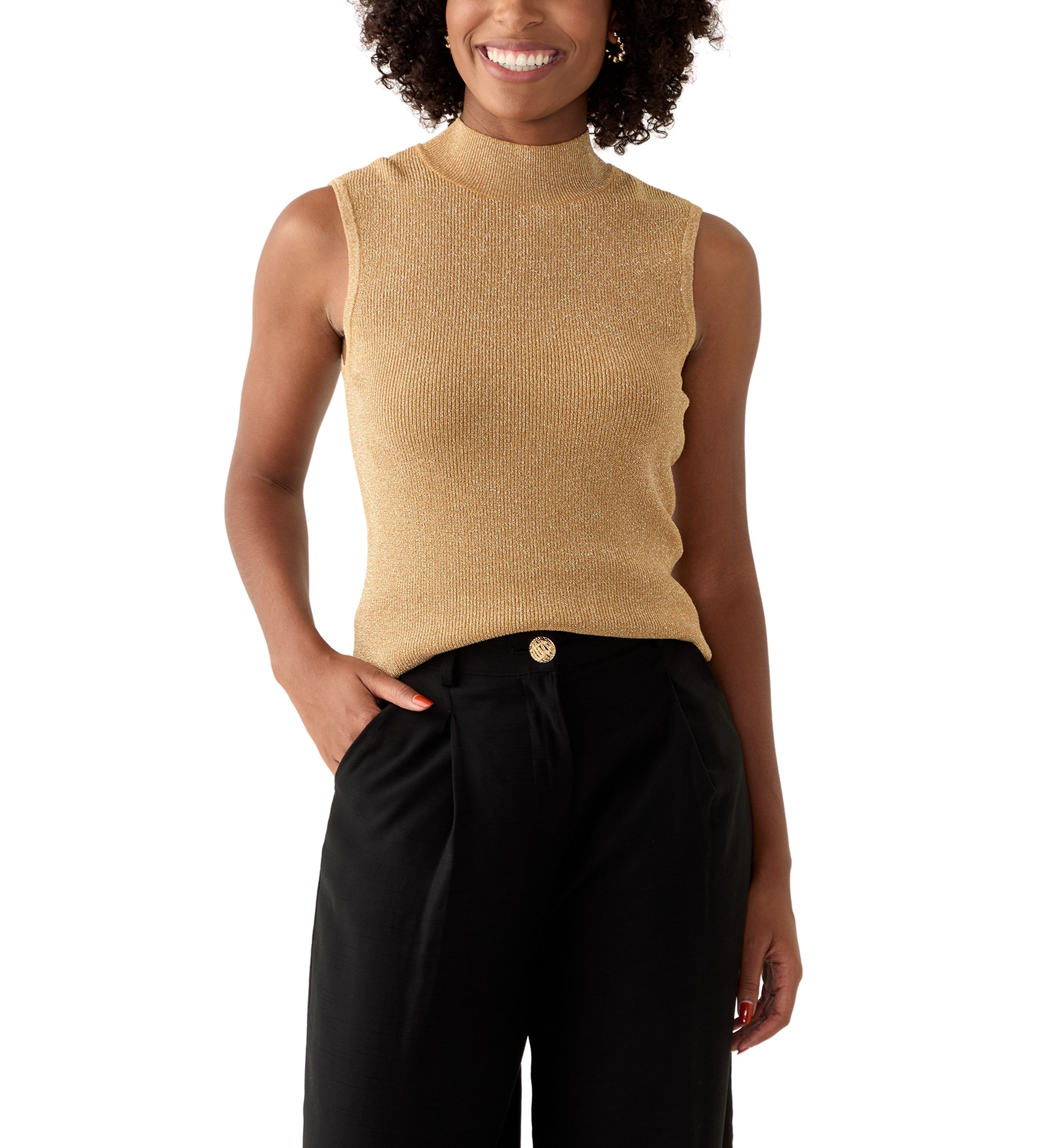 Womens Sleeveless Metallic Mock Neck Sweater