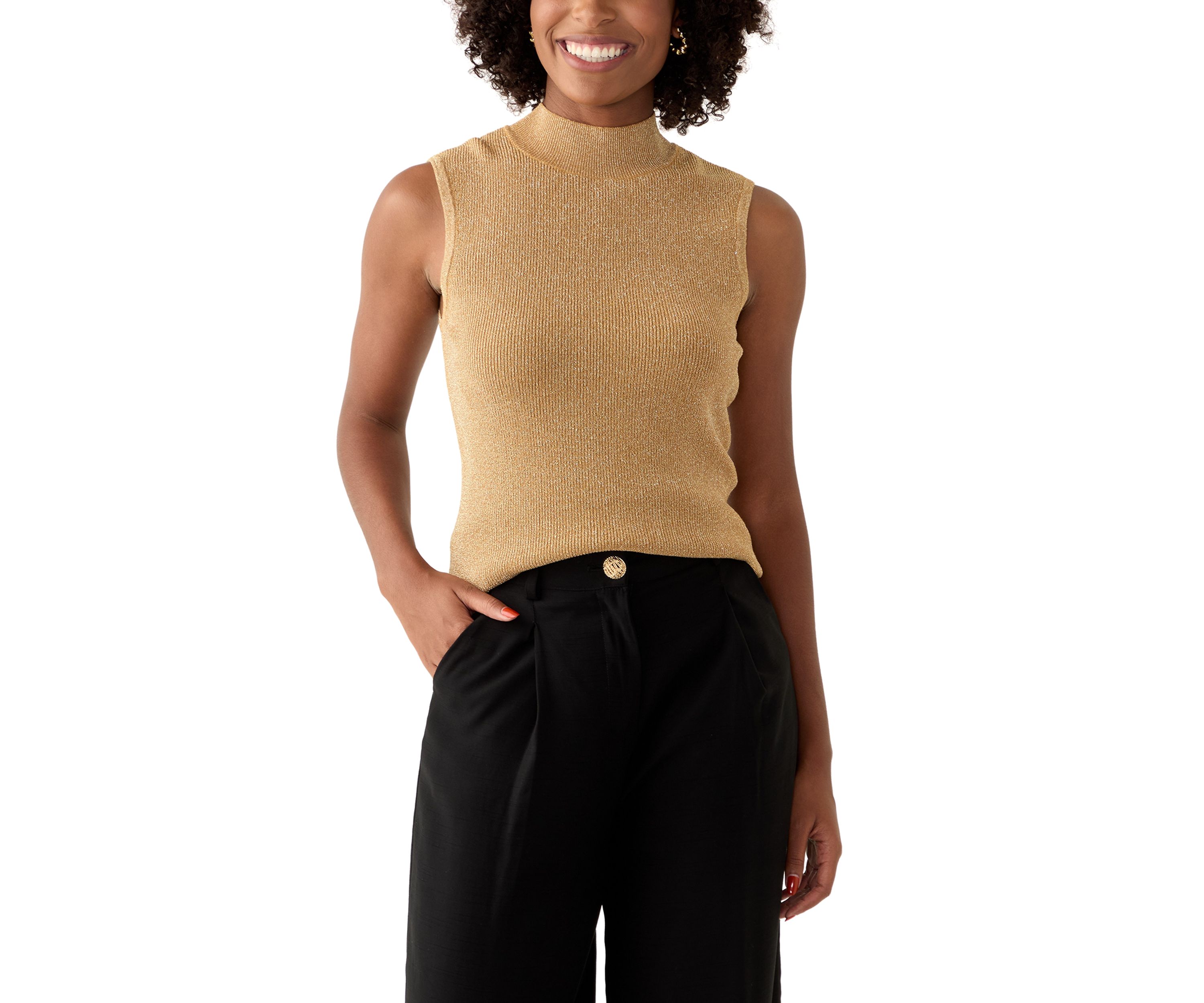 Womens Sleeveless Metallic Mock Neck Sweater
