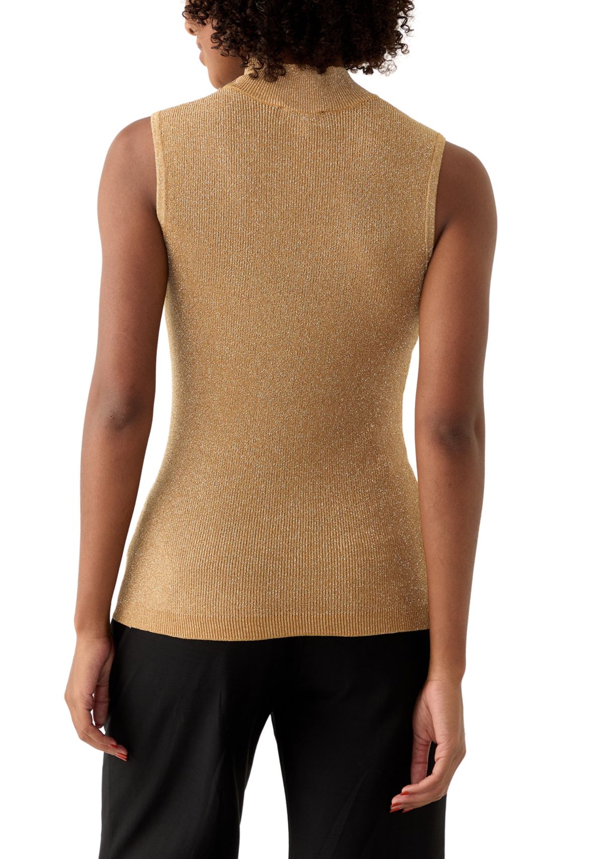 Womens Sleeveless Metallic Mock Neck Sweater