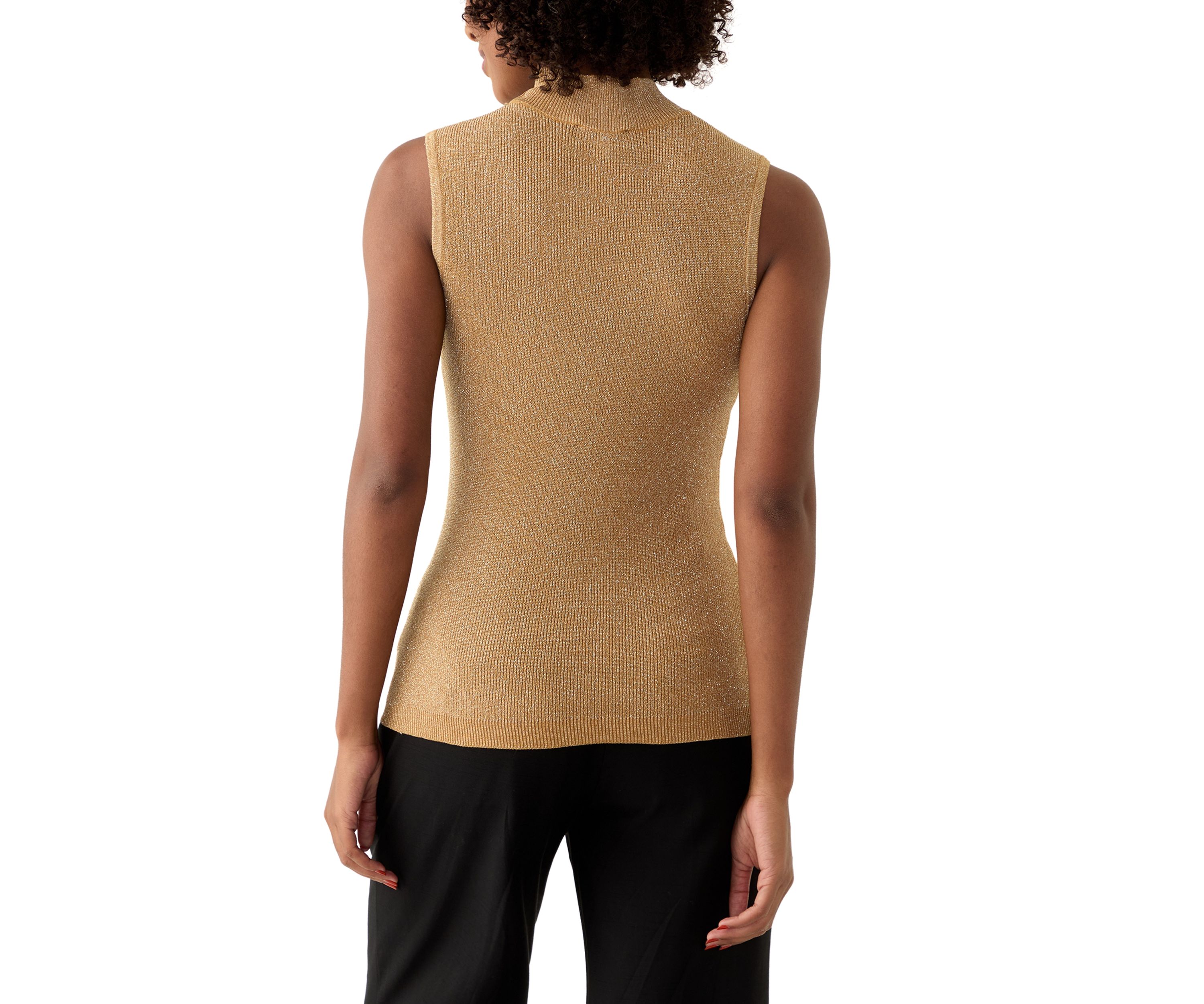 Womens Sleeveless Metallic Mock Neck Sweater