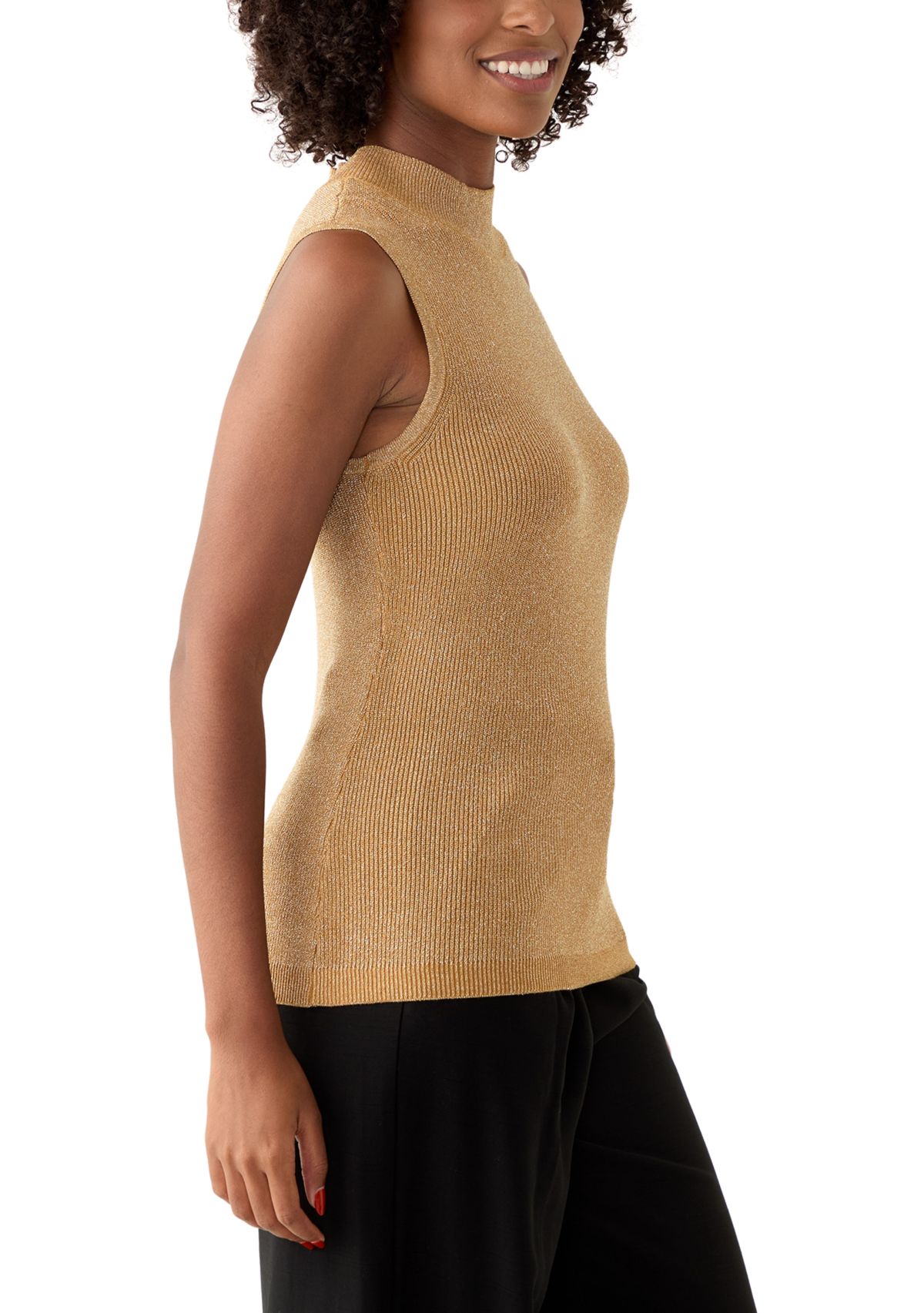 Womens Sleeveless Metallic Mock Neck Sweater