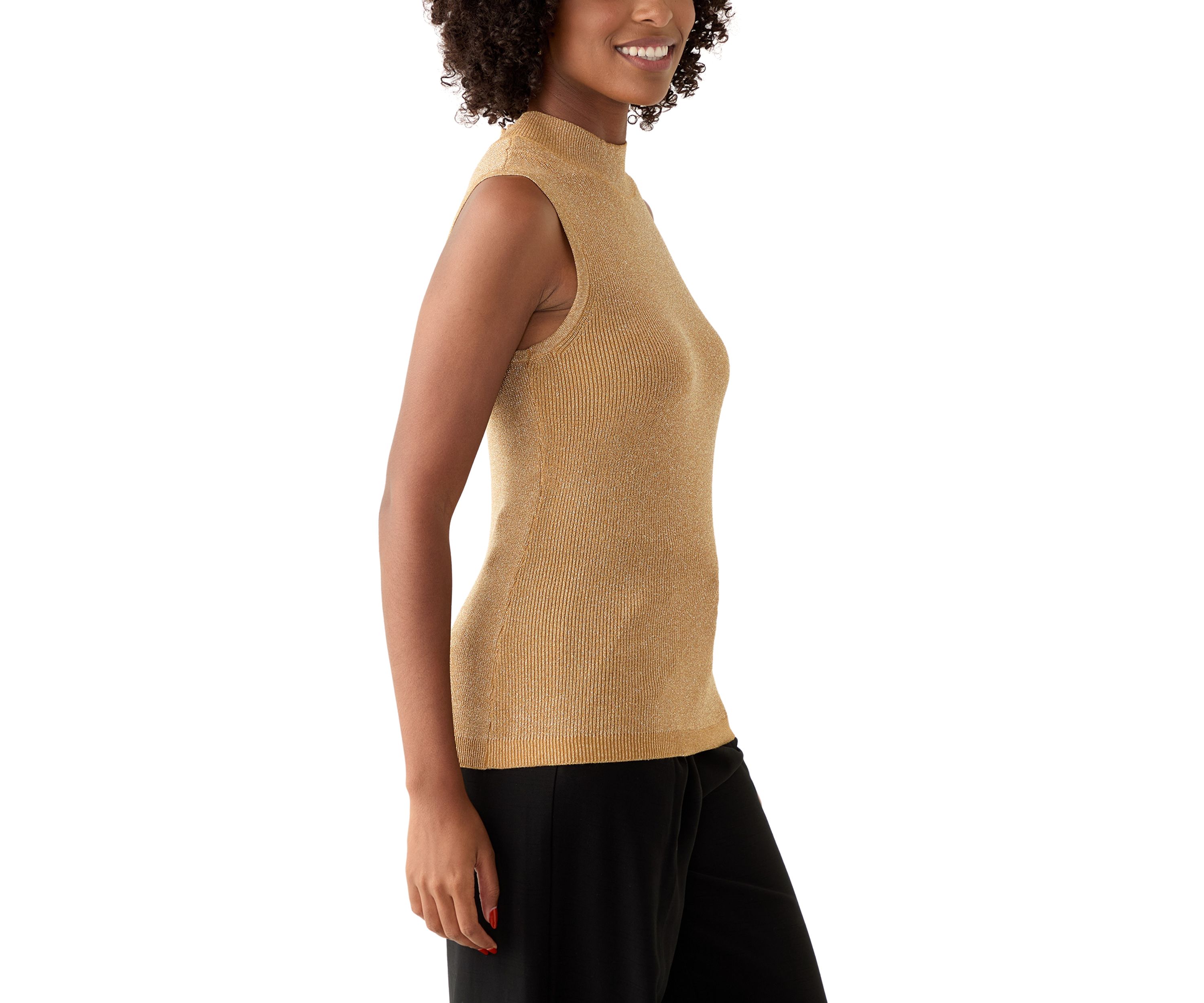 Womens Sleeveless Metallic Mock Neck Sweater