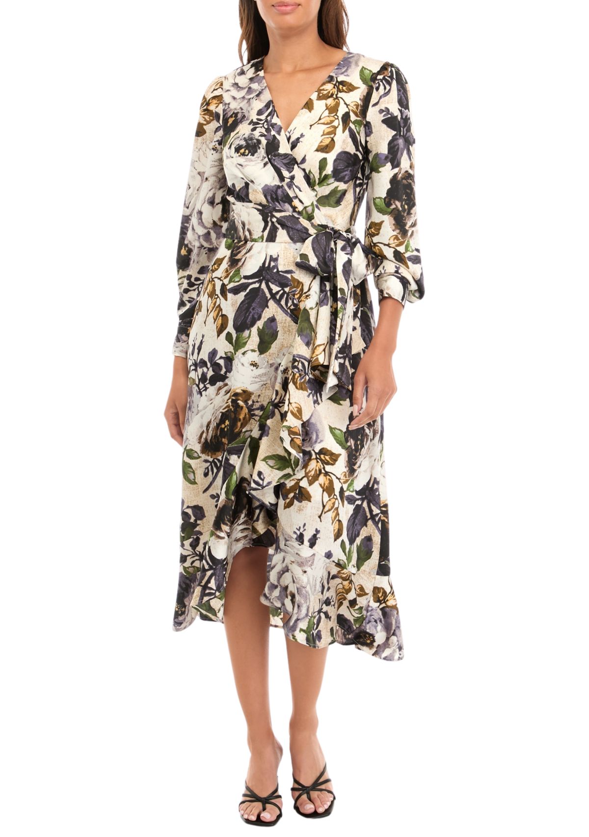 Womens Printed Ruffle Wrap Dress
