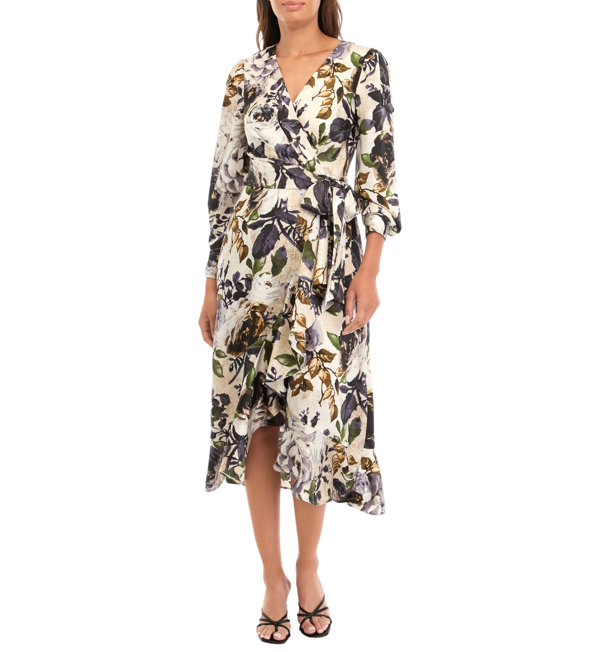 Womens Printed Ruffle Wrap Dress