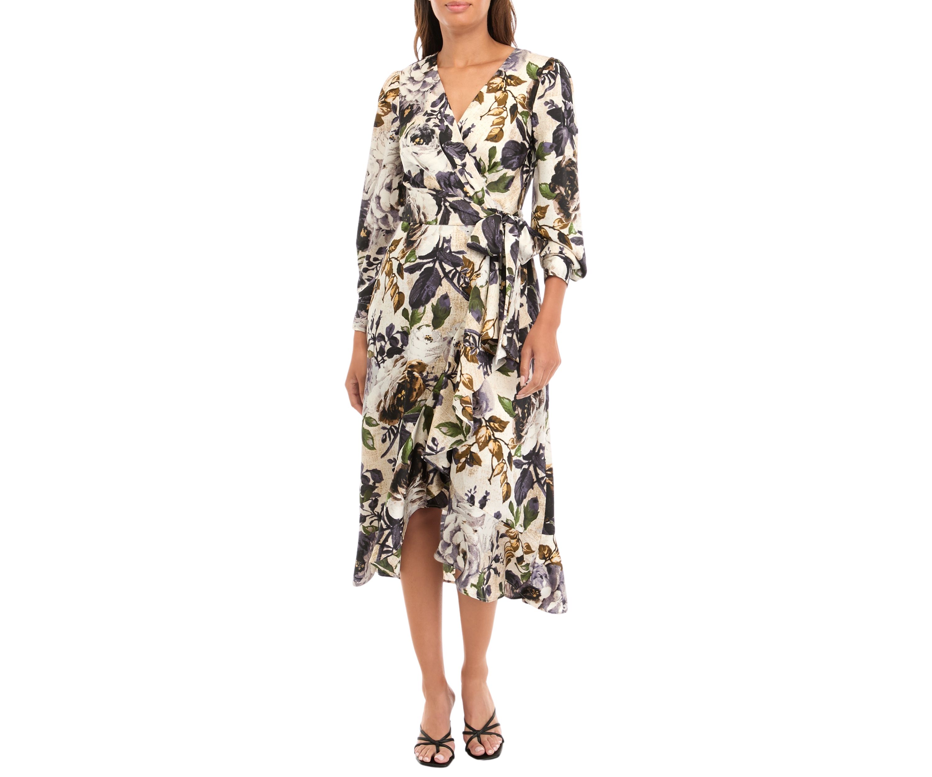 Womens Printed Ruffle Wrap Dress