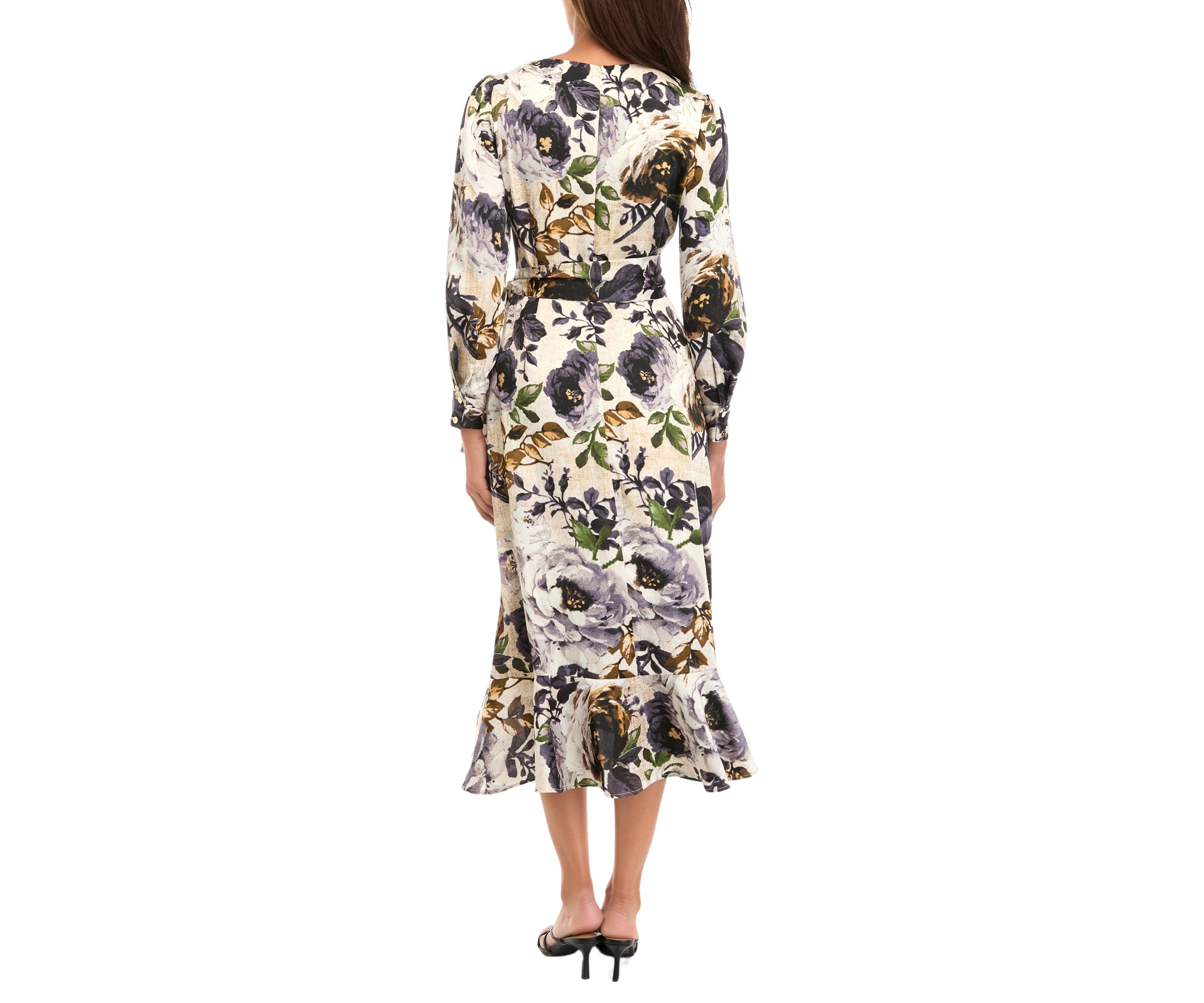 Womens Printed Ruffle Wrap Dress