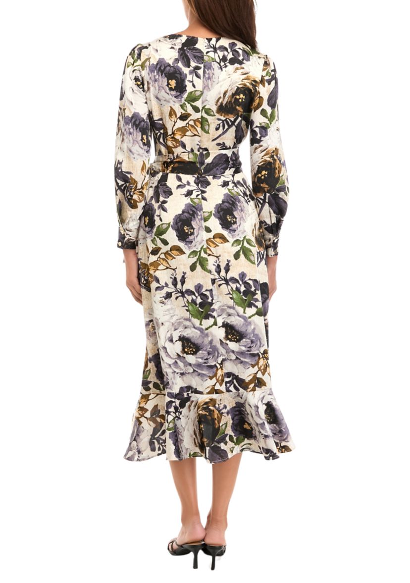 Womens Printed Ruffle Wrap Dress