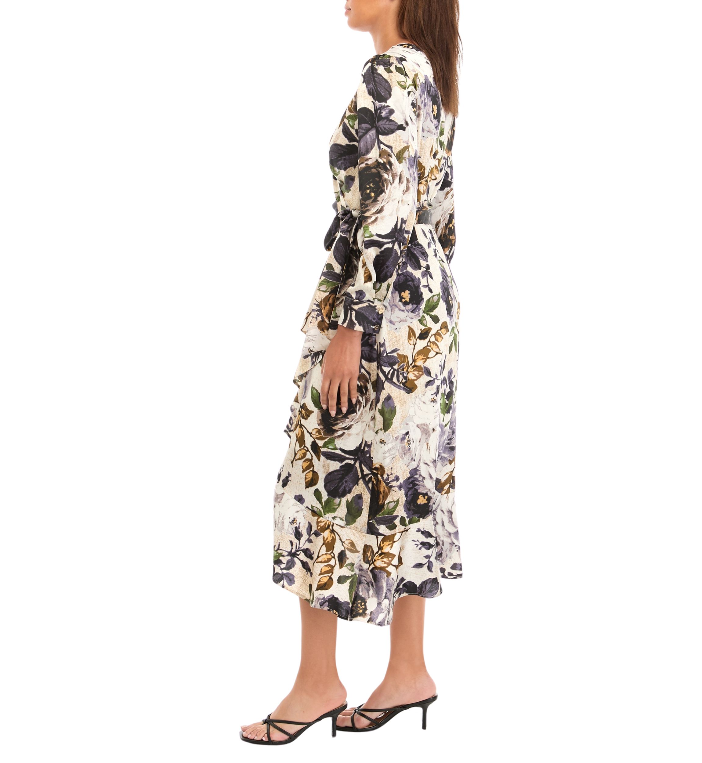 Womens Printed Ruffle Wrap Dress