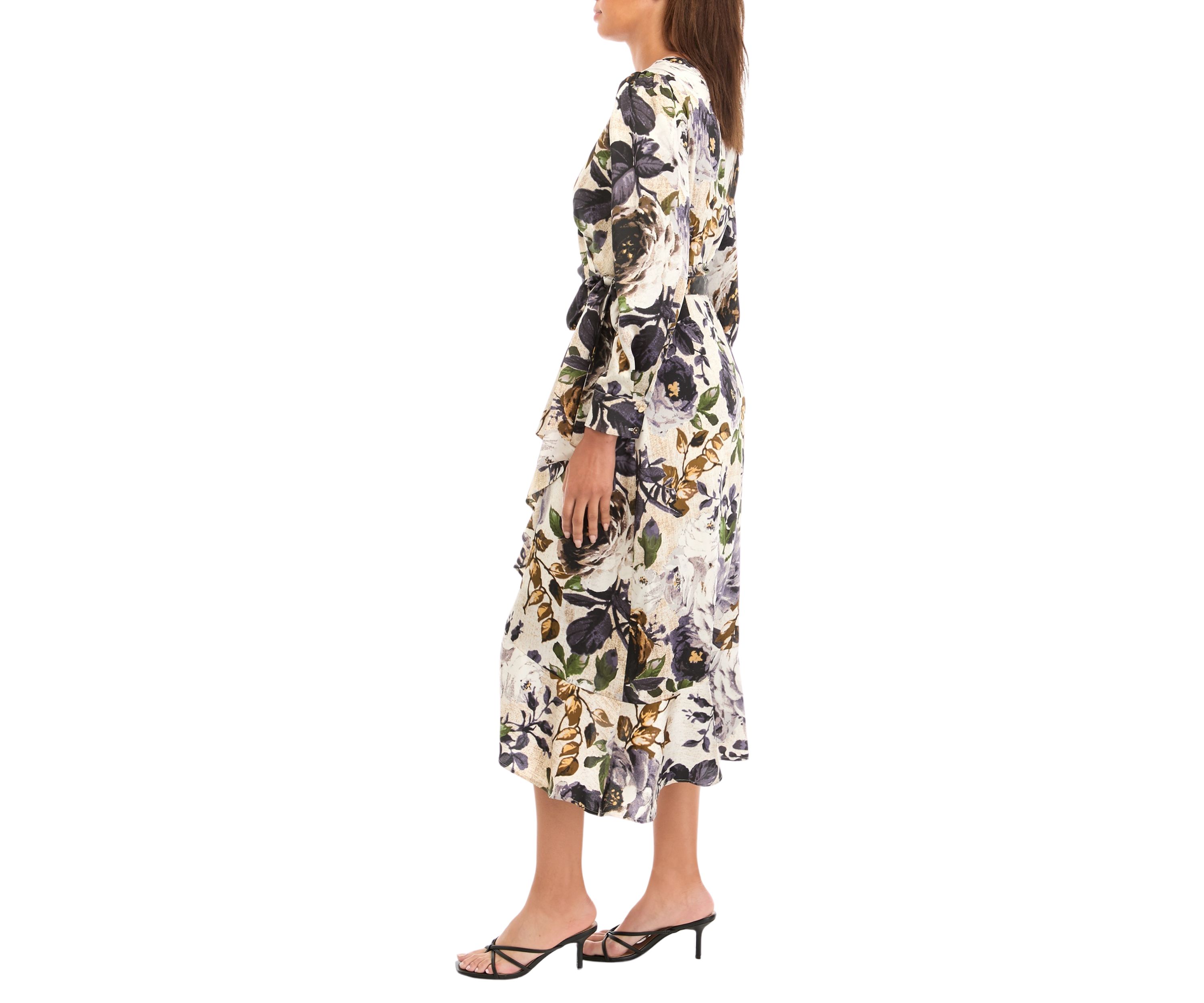 Womens Printed Ruffle Wrap Dress